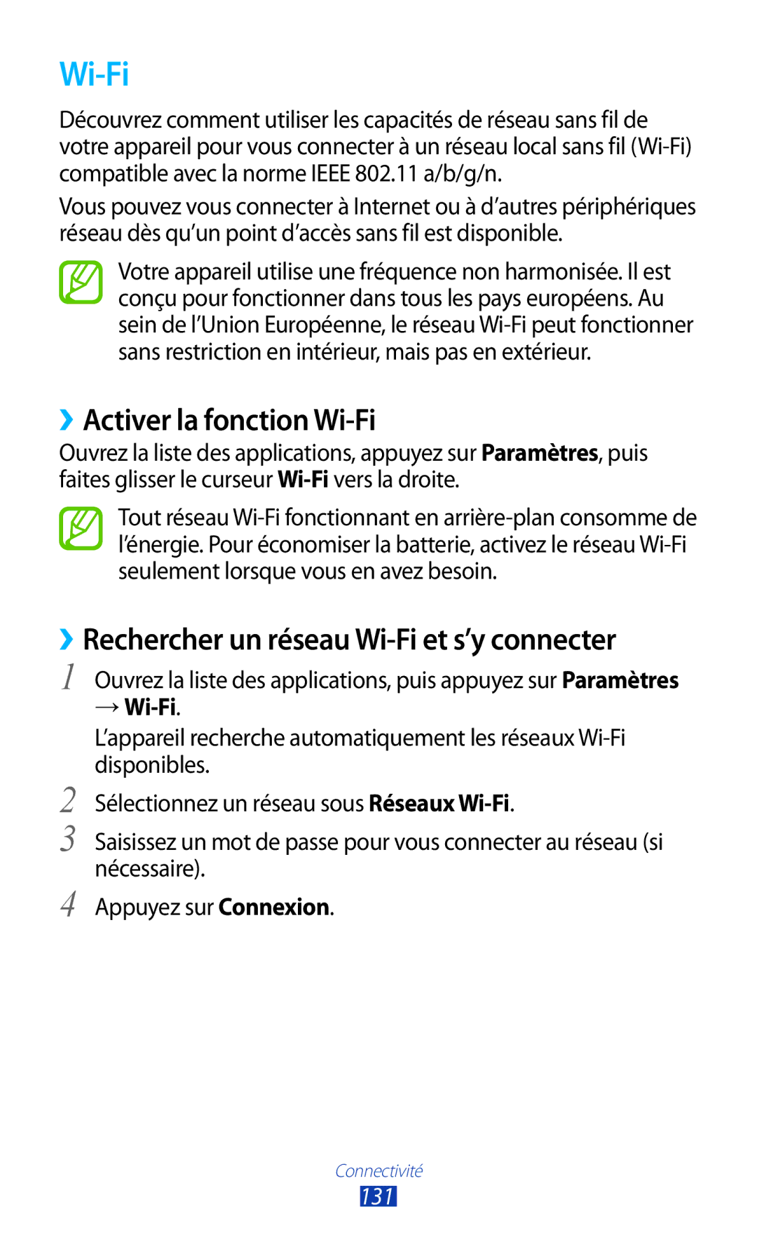 Samsung GT-N8020ZWAFTM manual ››Activer la fonction Wi-Fi, ››Rechercher un réseau Wi-Fi et s’y connecter, → Wi-Fi, 131 