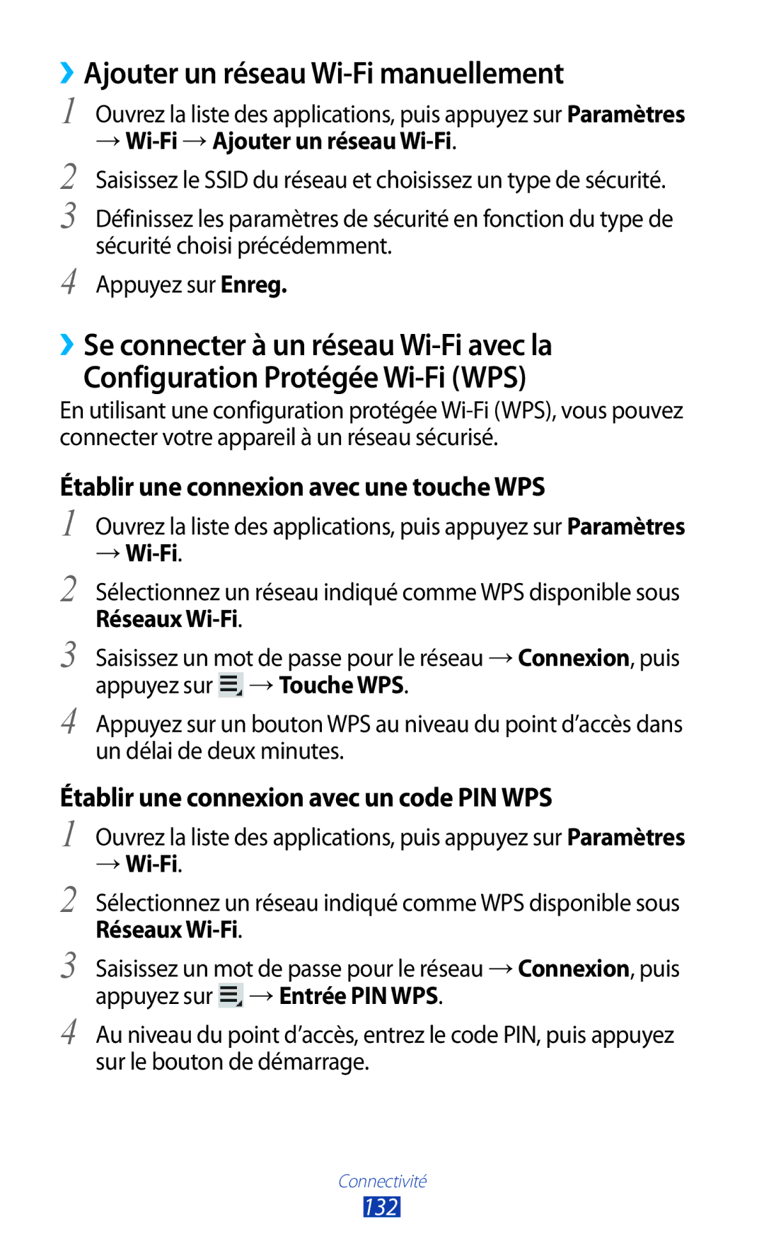 Samsung GT-N8020EAAXEF ››Ajouter un réseau Wi-Fi manuellement, Établir une connexion avec une touche WPS, Réseaux Wi-Fi 