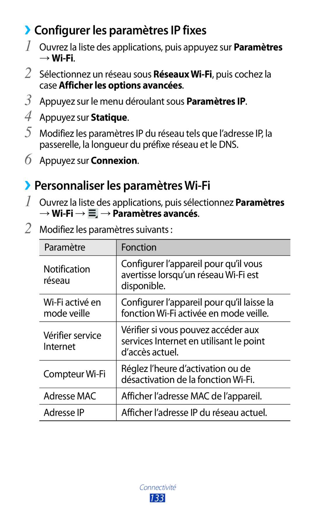 Samsung GT-N8020EAASFR, GT-N8020EAAXEF ››Configurer les paramètres IP fixes, ››Personnaliser les paramètres Wi-Fi, 133 