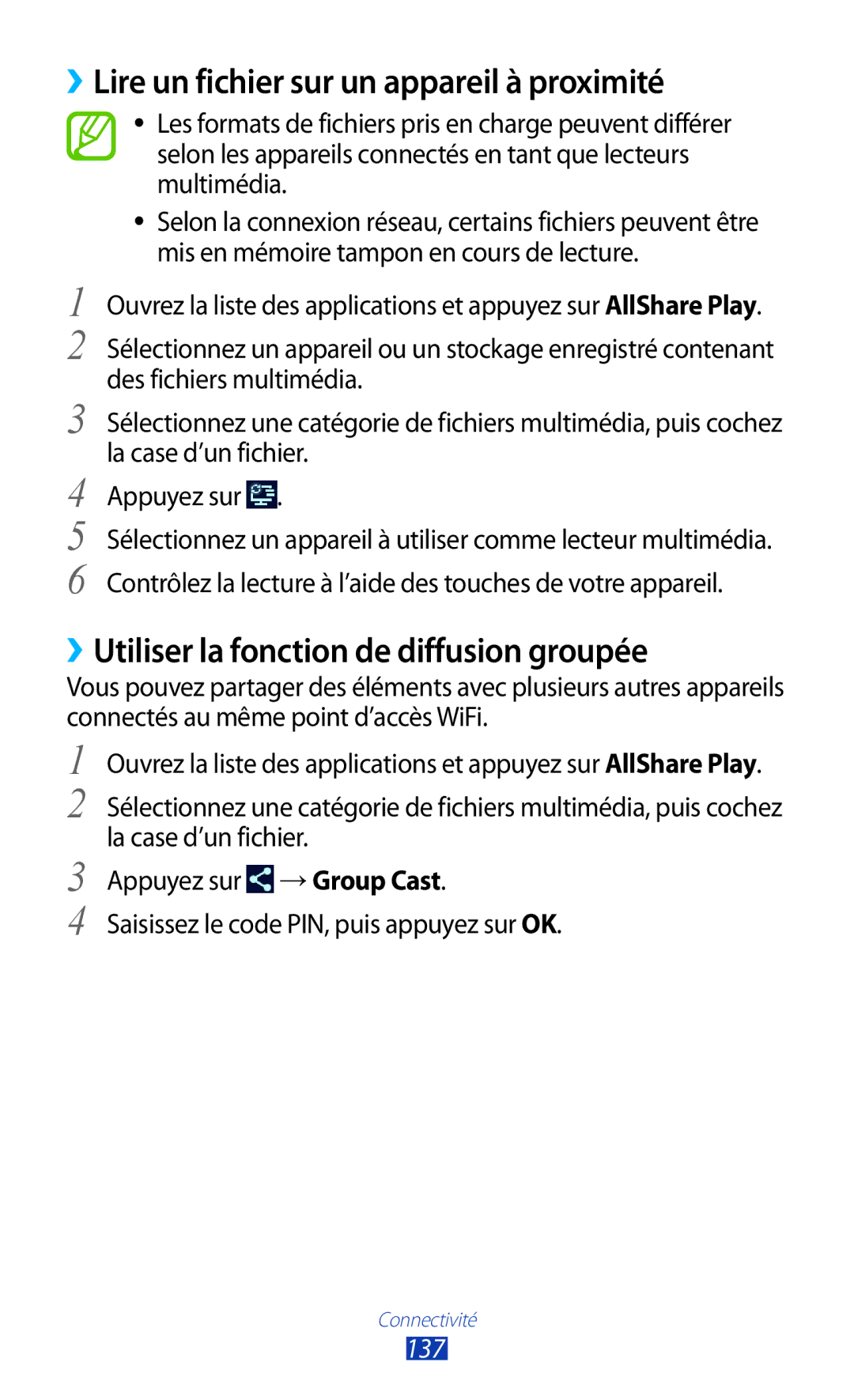 Samsung GT-N8020ZWAFTM ››Lire un fichier sur un appareil à proximité, ››Utiliser la fonction de diffusion groupée, 137 