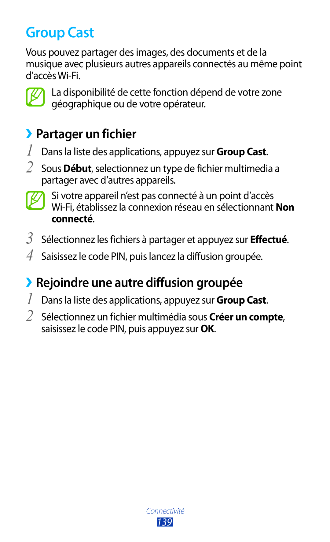 Samsung GT-N8020EAASFR, GT-N8020EAAXEF, GT-N8020ZWAFTM manual Group Cast, ››Rejoindre une autre diffusion groupée, 139 