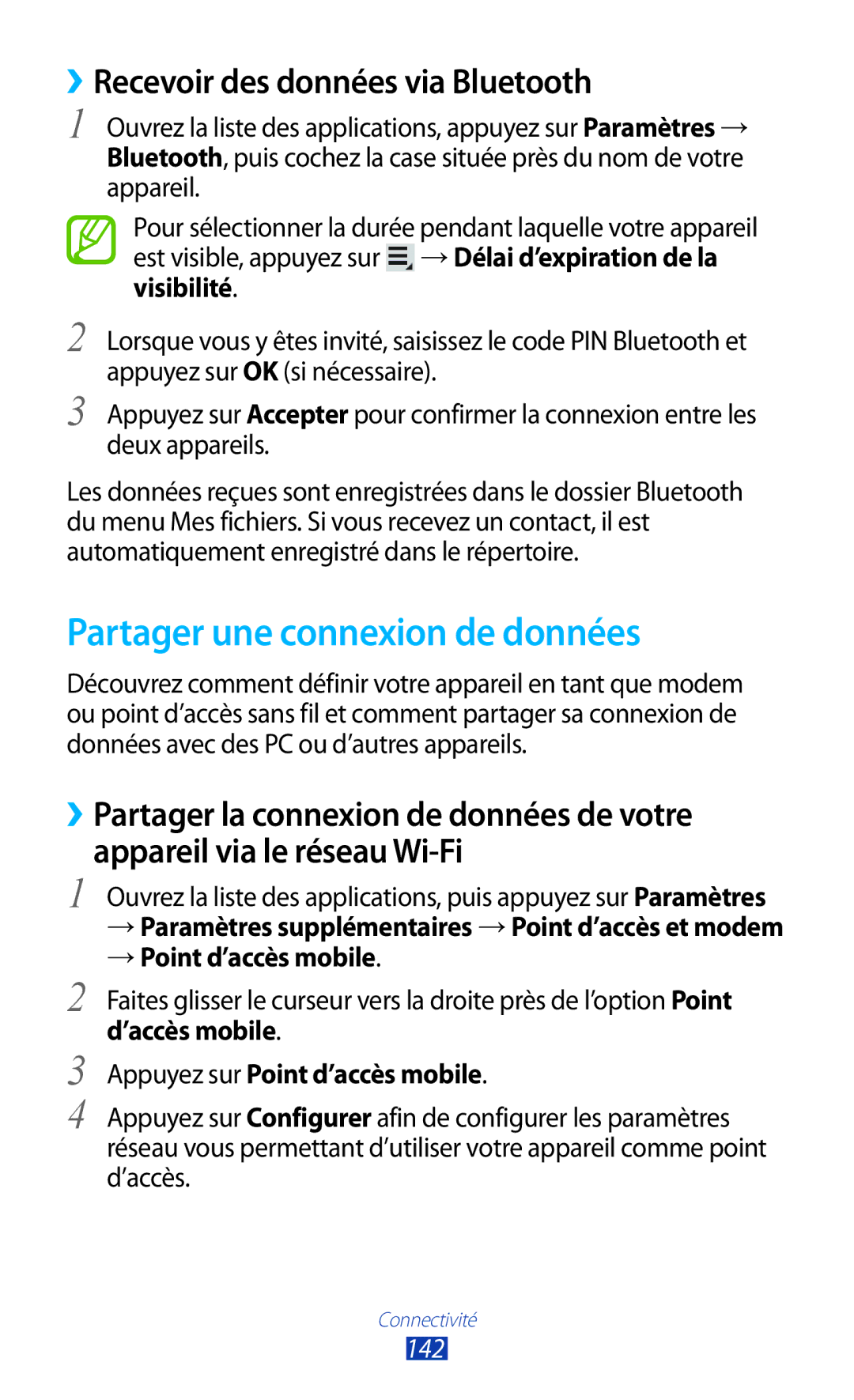 Samsung GT-N8020EAASFR Partager une connexion de données, ››Recevoir des données via Bluetooth, → Point d’accès mobile 