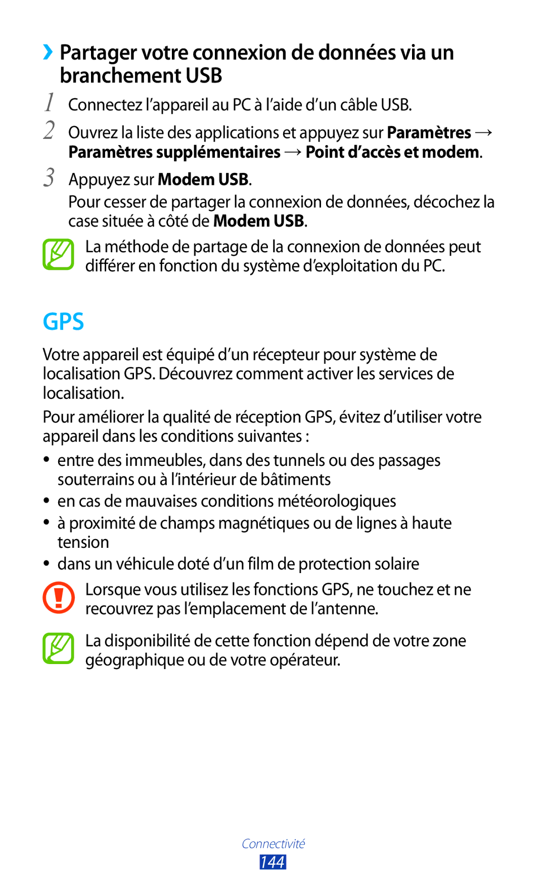 Samsung GT-N8020EAAXEF, GT-N8020EAASFR, GT-N8020ZWAFTM ››Partager votre connexion de données via un branchement USB, 144 