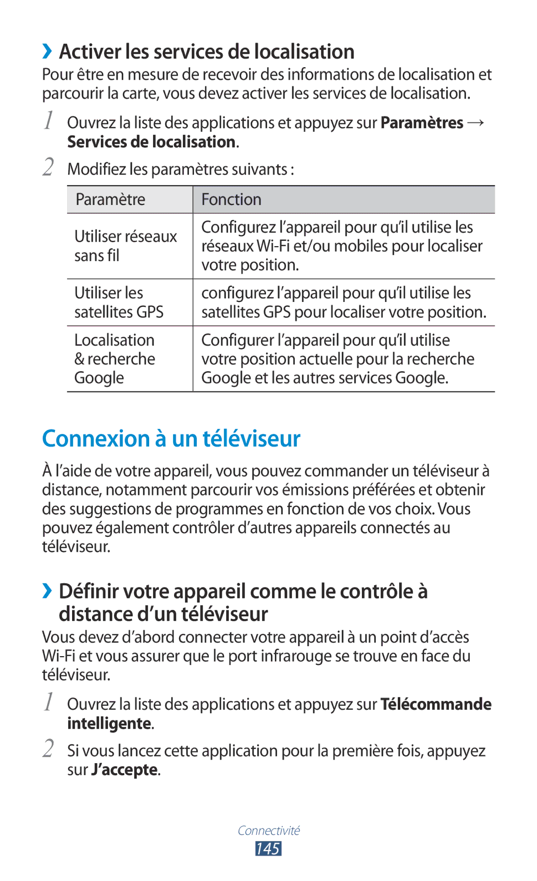 Samsung GT-N8020EAASFR, GT-N8020EAAXEF manual Connexion à un téléviseur, ››Activer les services de localisation, 145 