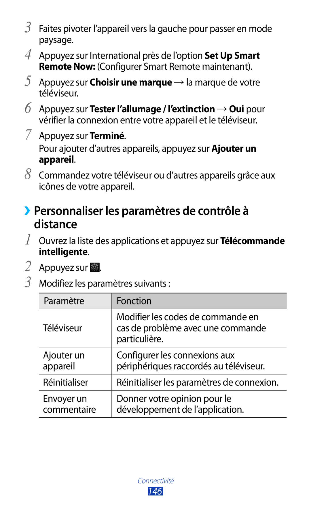 Samsung GT-N8020ZWAFTM, GT-N8020EAAXEF, GT-N8020EAASFR manual ››Personnaliser les paramètres de contrôle à Distance, 146 