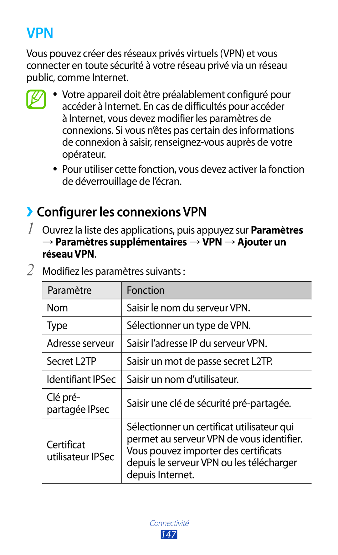 Samsung GT-N8020EAAXEF ››Configurer les connexions VPN, → Paramètres supplémentaires →VPN →Ajouter un réseau VPN, 147 