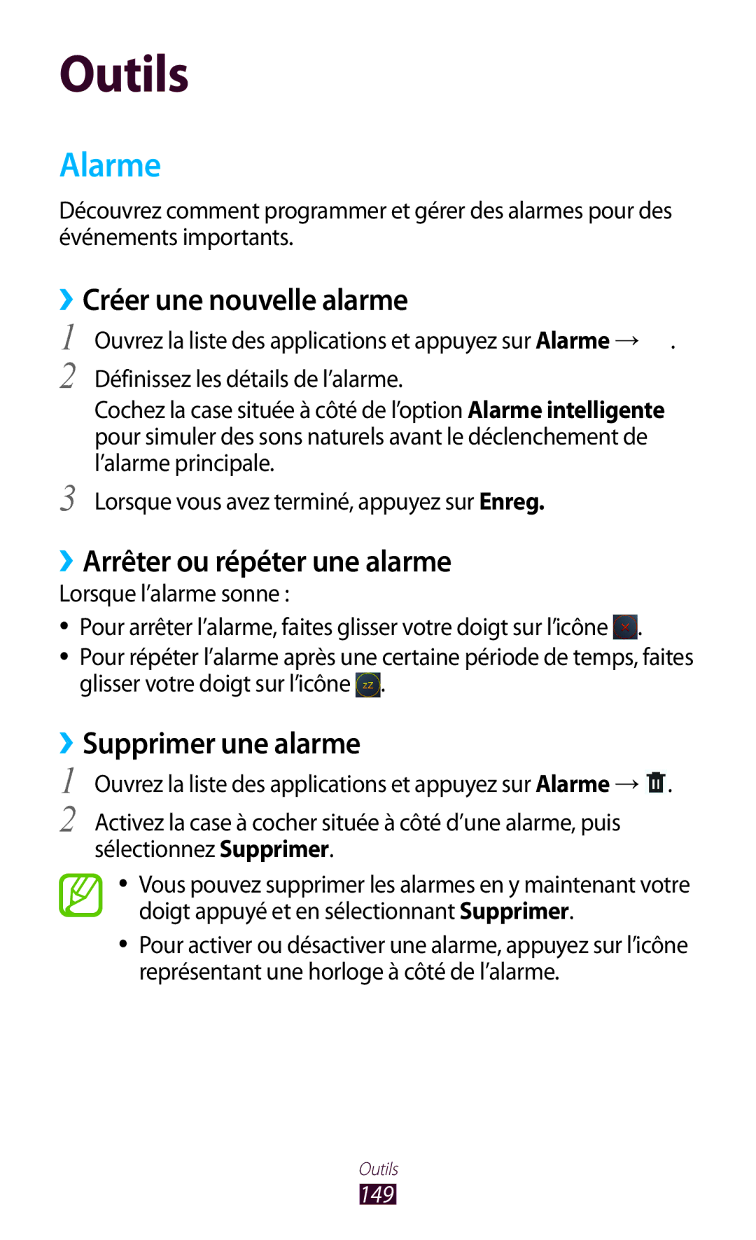 Samsung GT-N8020ZWAFTM Alarme, ››Créer une nouvelle alarme, ››Arrêter ou répéter une alarme, ››Supprimer une alarme, 149 