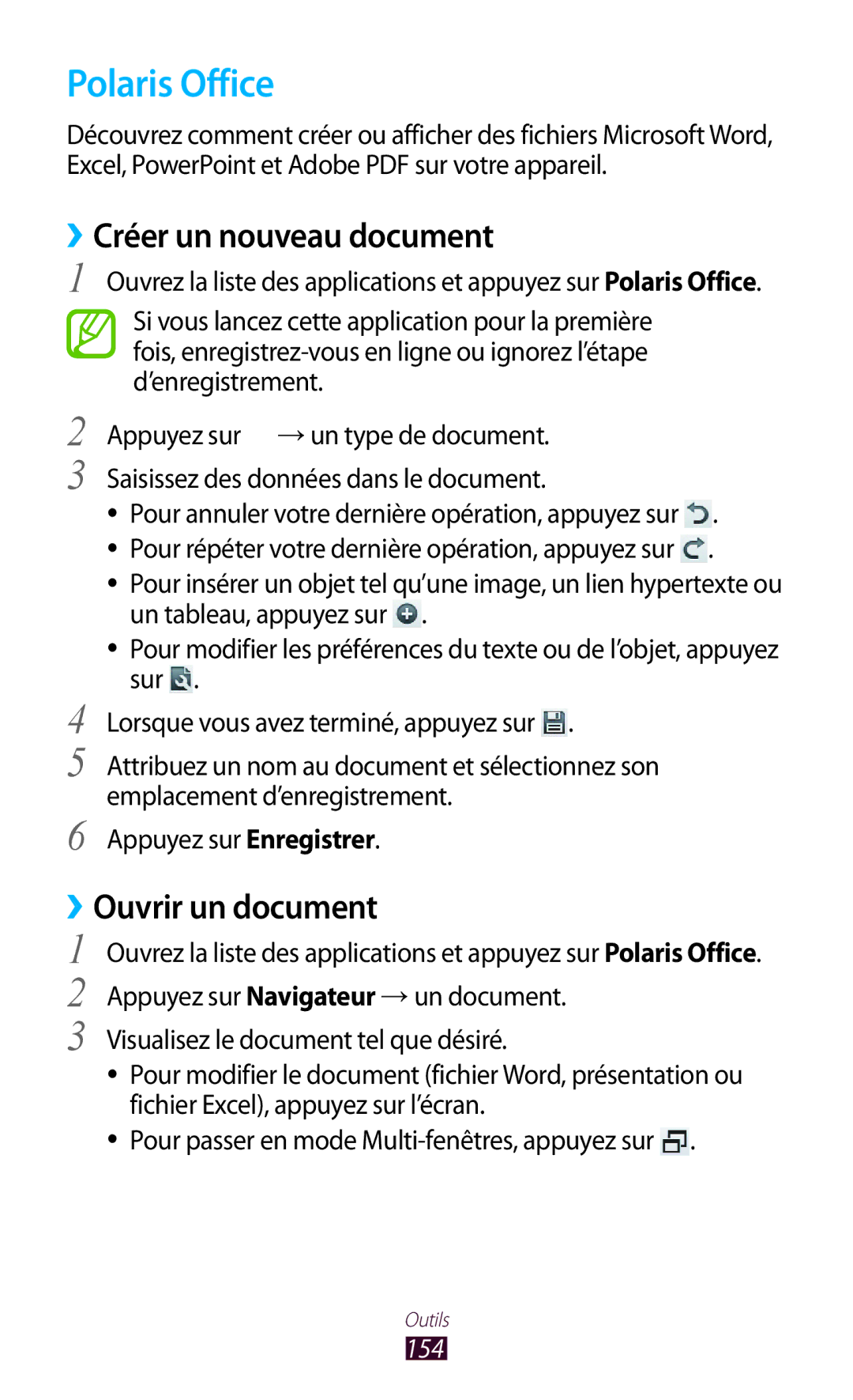 Samsung GT-N8020EAASFR, GT-N8020EAAXEF manual Polaris Office, ››Créer un nouveau document, ››Ouvrir un document, 154 