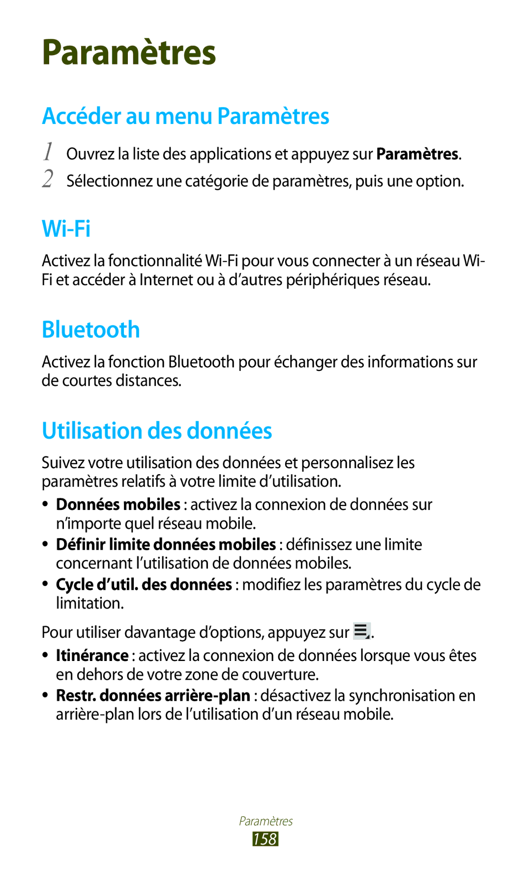 Samsung GT-N8020ZWAFTM, GT-N8020EAAXEF, GT-N8020EAASFR manual Accéder au menu Paramètres, Utilisation des données, 158 