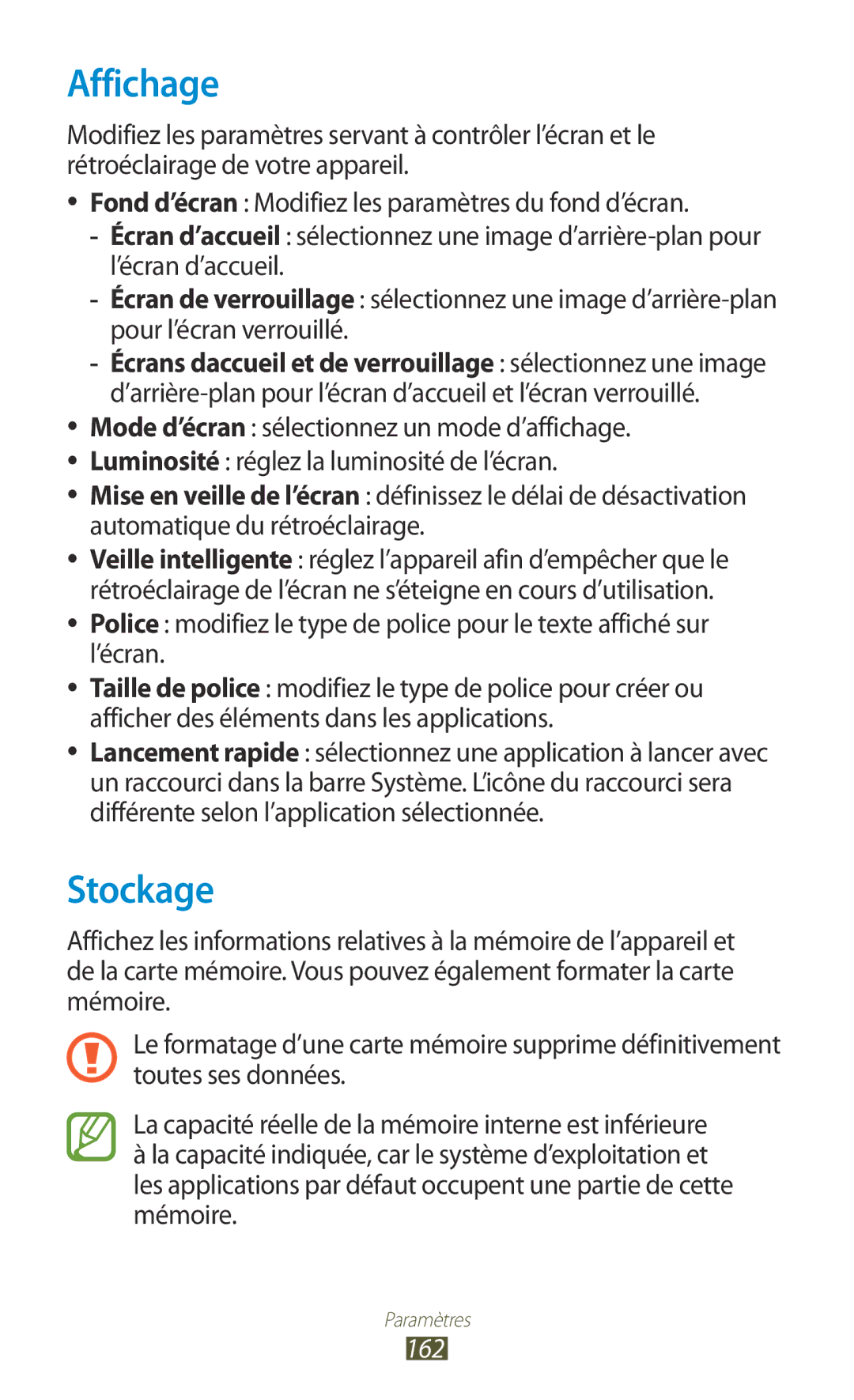 Samsung GT-N8020EAAXEF, GT-N8020EAASFR, GT-N8020ZWAFTM manual Affichage, Stockage, 162 