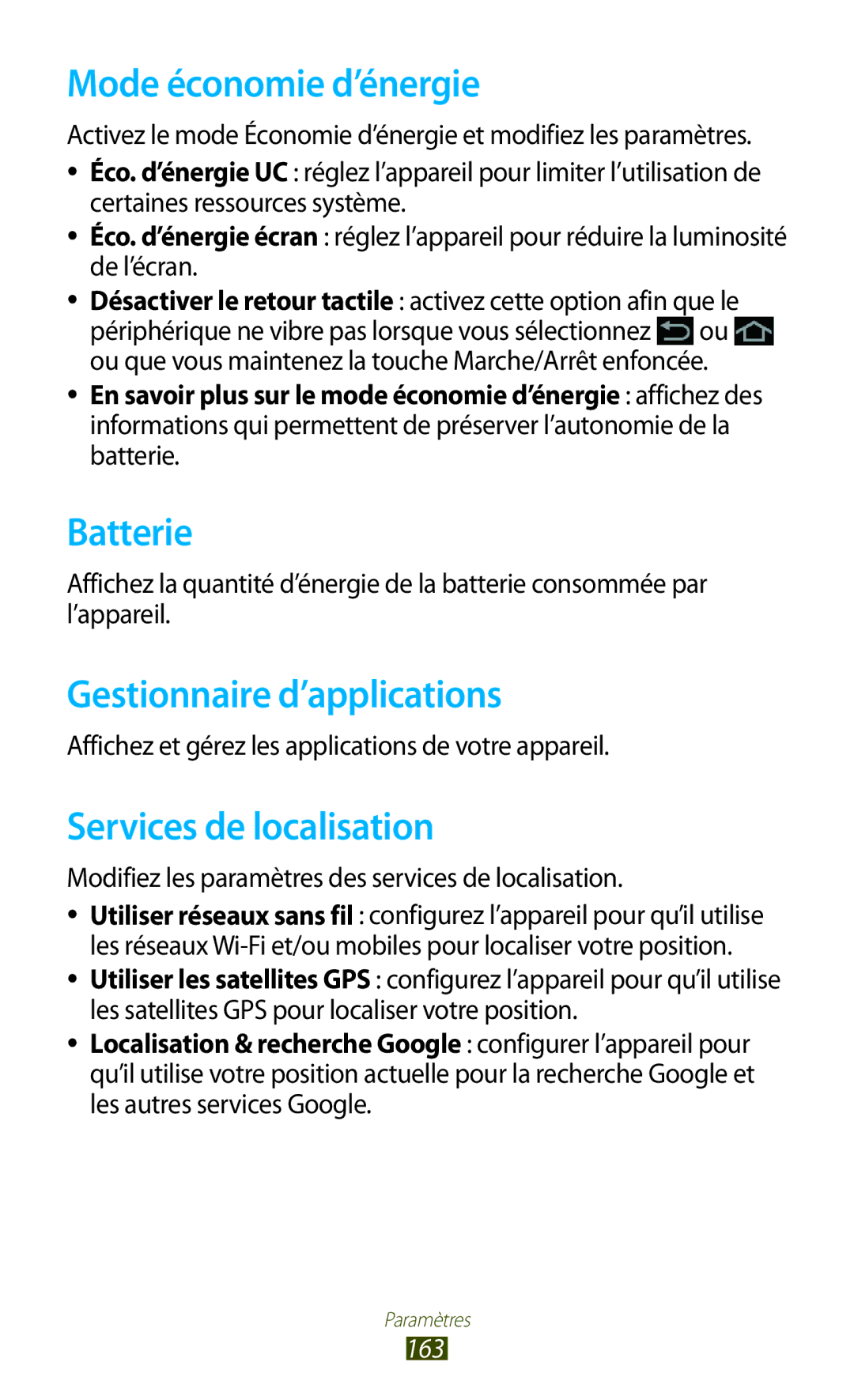 Samsung GT-N8020EAASFR manual Mode économie d’énergie, Batterie, Gestionnaire d’applications, Services de localisation, 163 