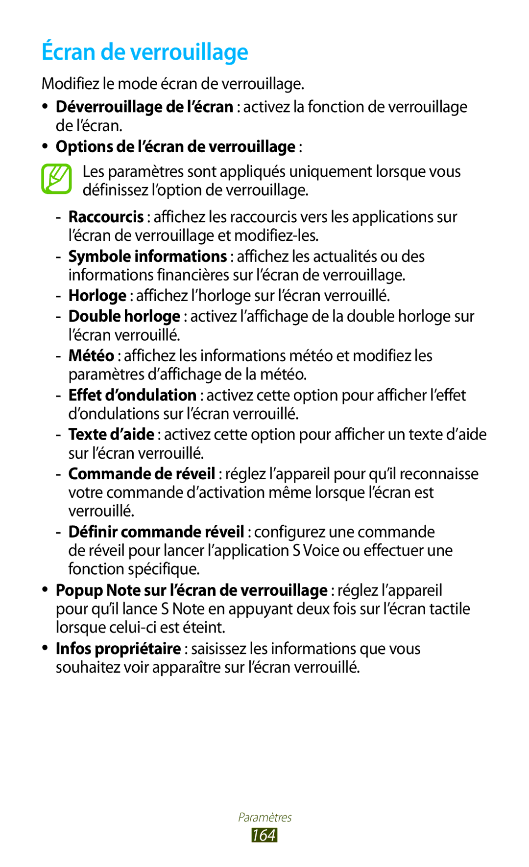 Samsung GT-N8020ZWAFTM, GT-N8020EAAXEF, GT-N8020EAASFR manual Écran de verrouillage, Options de l’écran de verrouillage, 164 