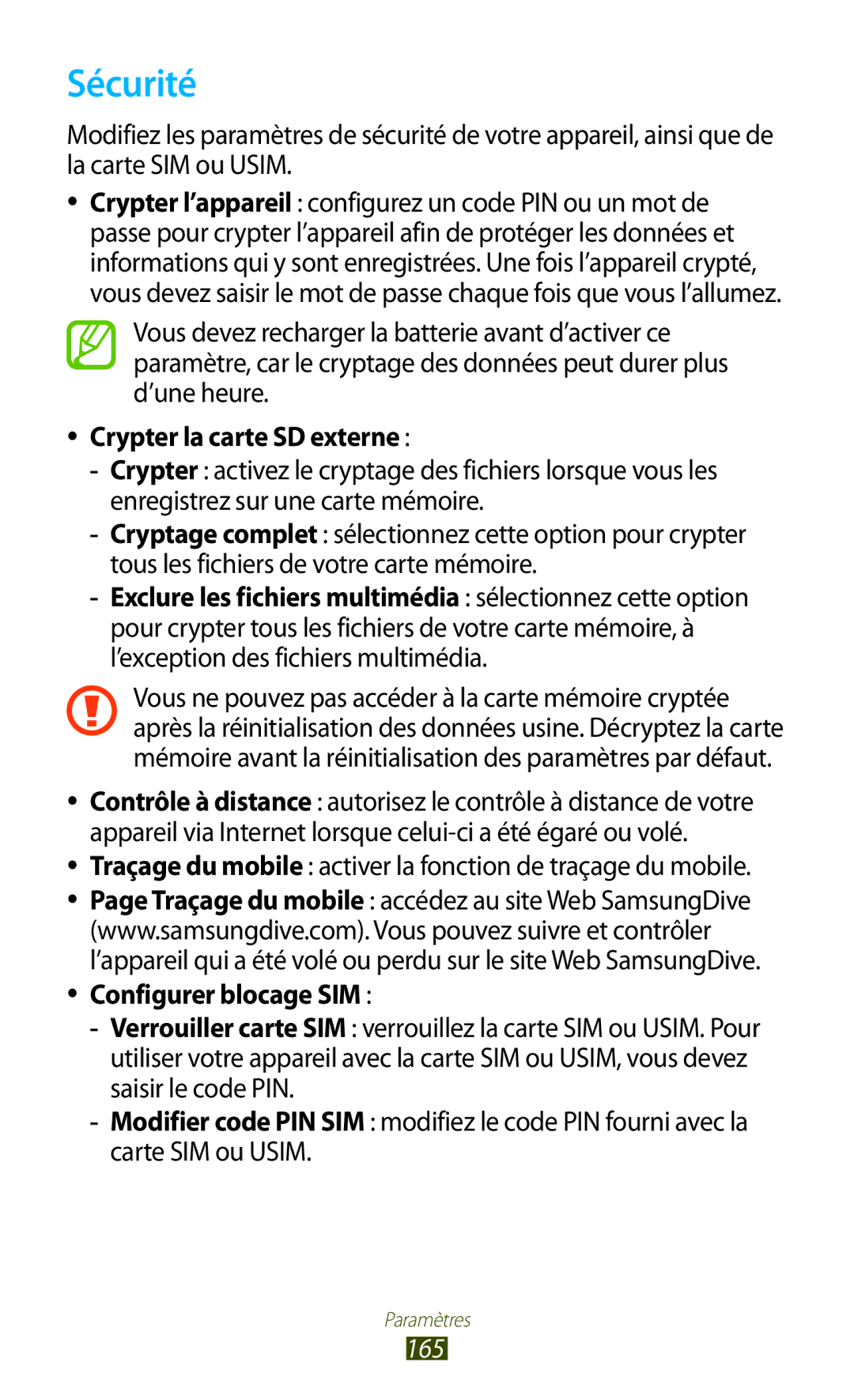 Samsung GT-N8020EAAXEF Sécurité, Crypter la carte SD externe, Traçage du mobile activer la fonction de traçage du mobile 