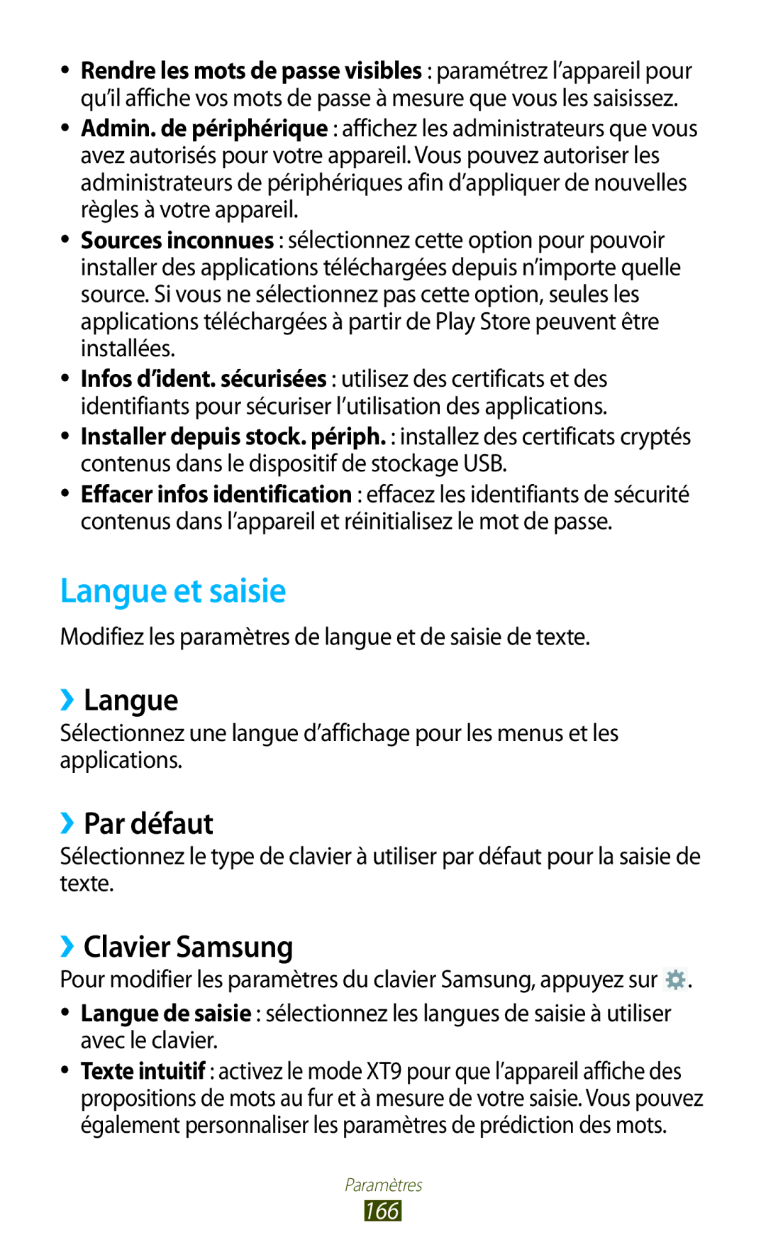 Samsung GT-N8020EAASFR, GT-N8020EAAXEF, GT-N8020ZWAFTM Langue et saisie, ››Langue, ››Par défaut, ››Clavier Samsung, 166 