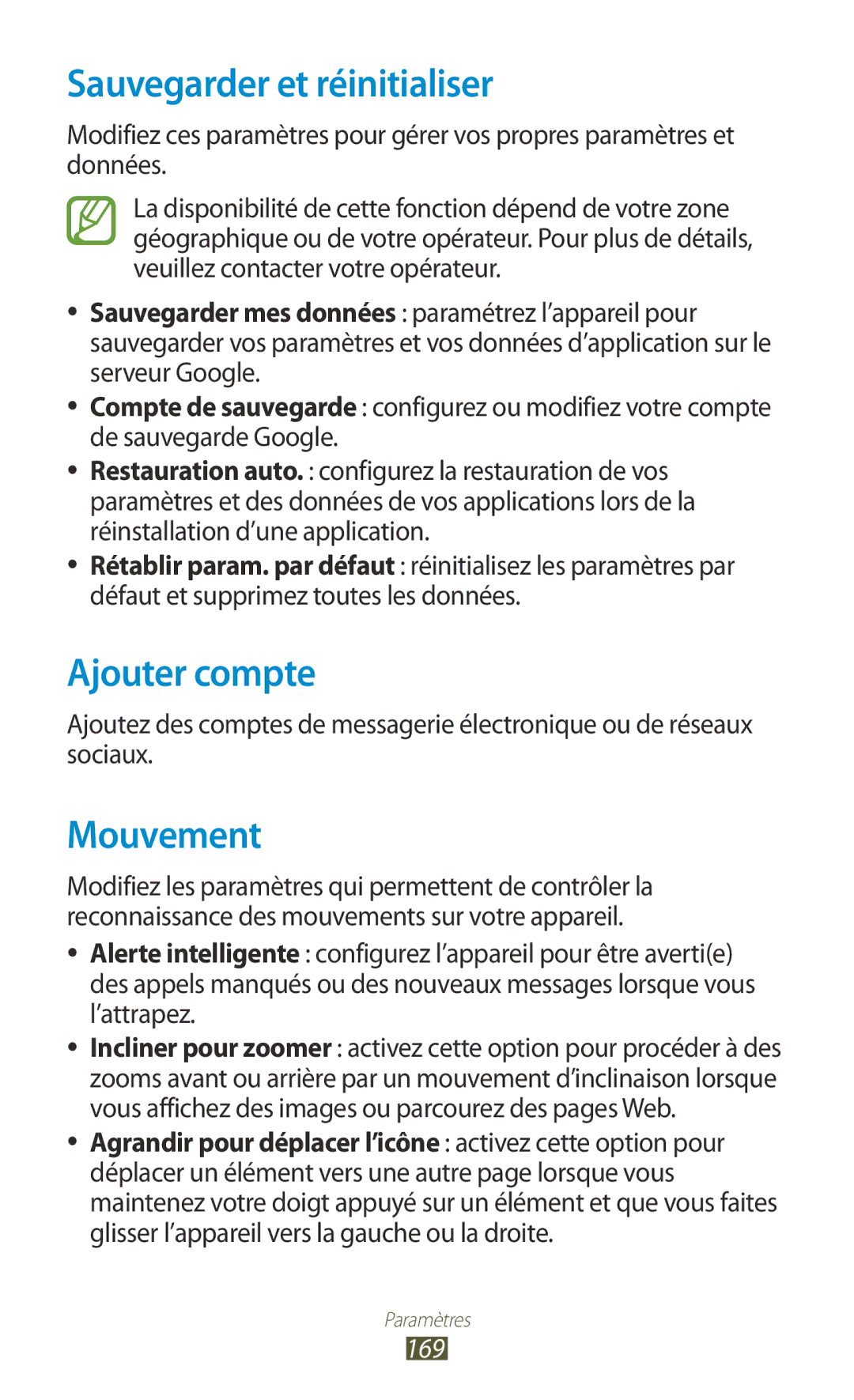 Samsung GT-N8020EAASFR, GT-N8020EAAXEF, GT-N8020ZWAFTM manual Sauvegarder et réinitialiser, Ajouter compte, Mouvement, 169 