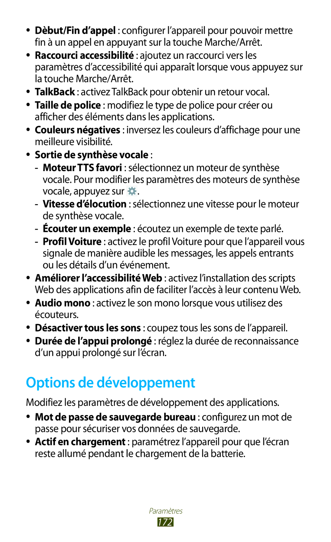 Samsung GT-N8020EAASFR, GT-N8020EAAXEF, GT-N8020ZWAFTM manual Options de développement, Sortie de synthèse vocale, 172 