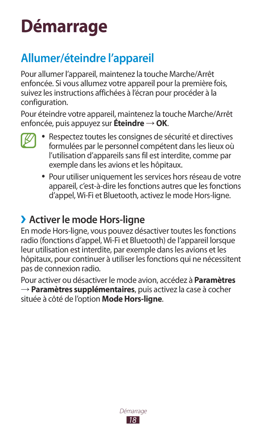 Samsung GT-N8020EAAXEF, GT-N8020EAASFR, GT-N8020ZWAFTM manual Allumer/éteindre l’appareil, ››Activer le mode Hors-ligne 
