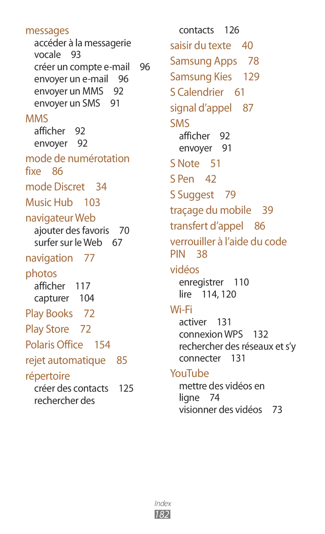 Samsung GT-N8020ZWAFTM manual Créer des contacts 125 rechercher des, Mettre des vidéos en ligne Visionner des vidéos , 182 