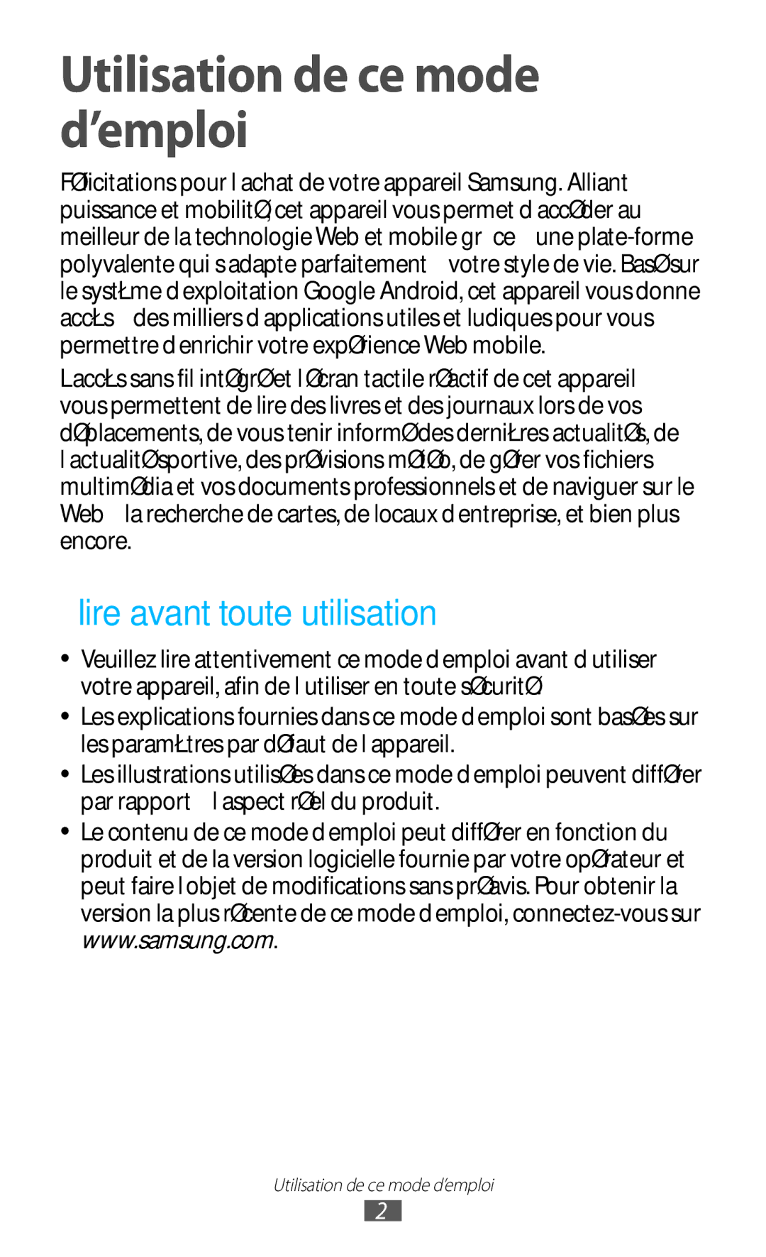 Samsung GT-N8020ZWAFTM, GT-N8020EAAXEF, GT-N8020EAASFR manual Utilisation de ce mode d’emploi, Lire avant toute utilisation 