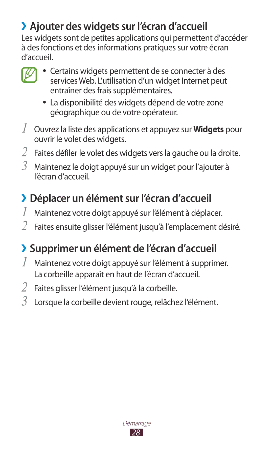 Samsung GT-N8020EAASFR manual ››Ajouter des widgets sur l’écran d’accueil, ››Déplacer un élément sur l’écran d’accueil 