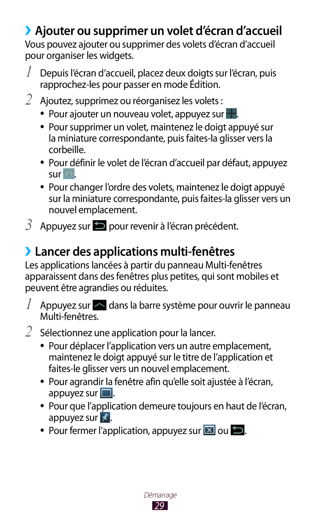 Samsung GT-N8020ZWAFTM manual ››Lancer des applications multi-fenêtres, ››Ajouter ou supprimer un volet d’écran d’accueil 