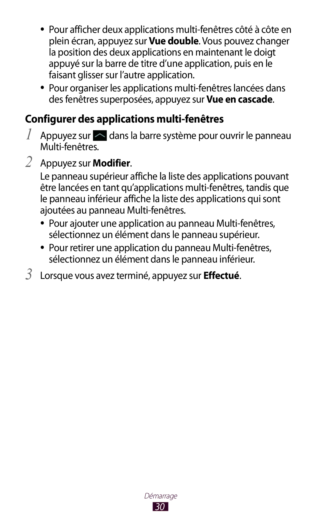 Samsung GT-N8020EAAXEF manual Configurer des applications multi-fenêtres, Lorsque vous avez terminé, appuyez sur Effectué 