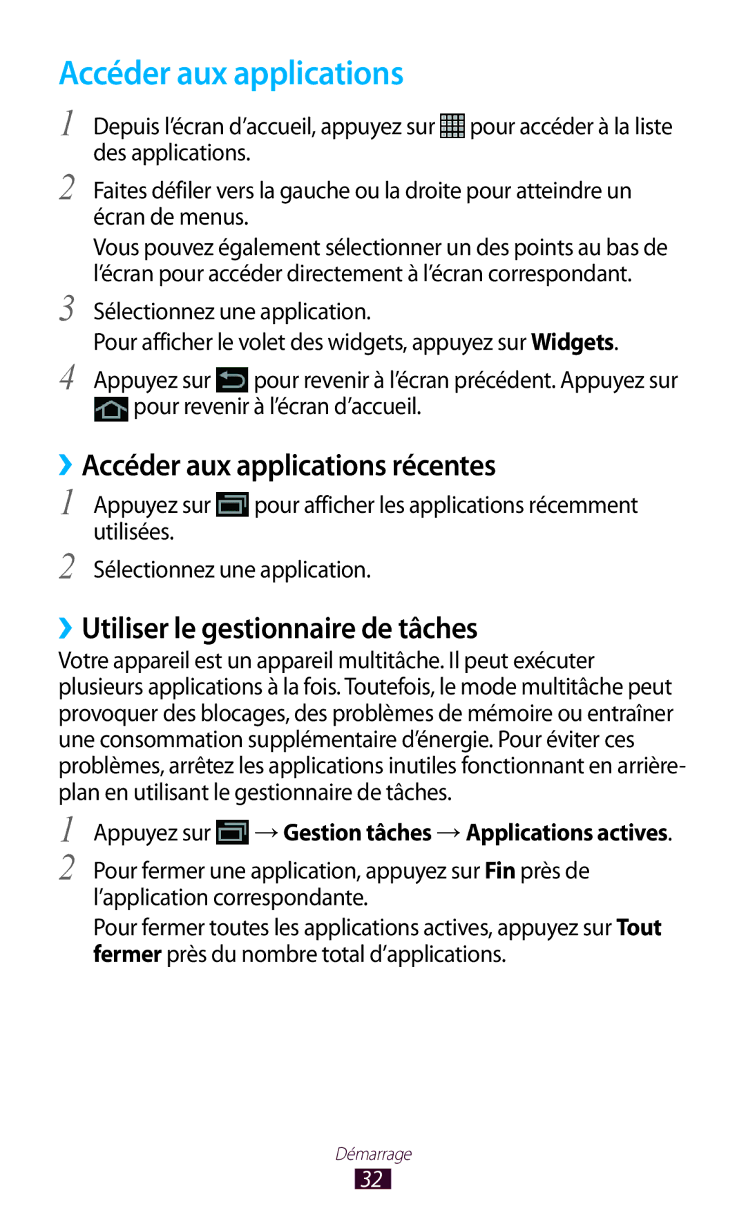 Samsung GT-N8020ZWAFTM, GT-N8020EAAXEF manual ››Accéder aux applications récentes, ››Utiliser le gestionnaire de tâches 