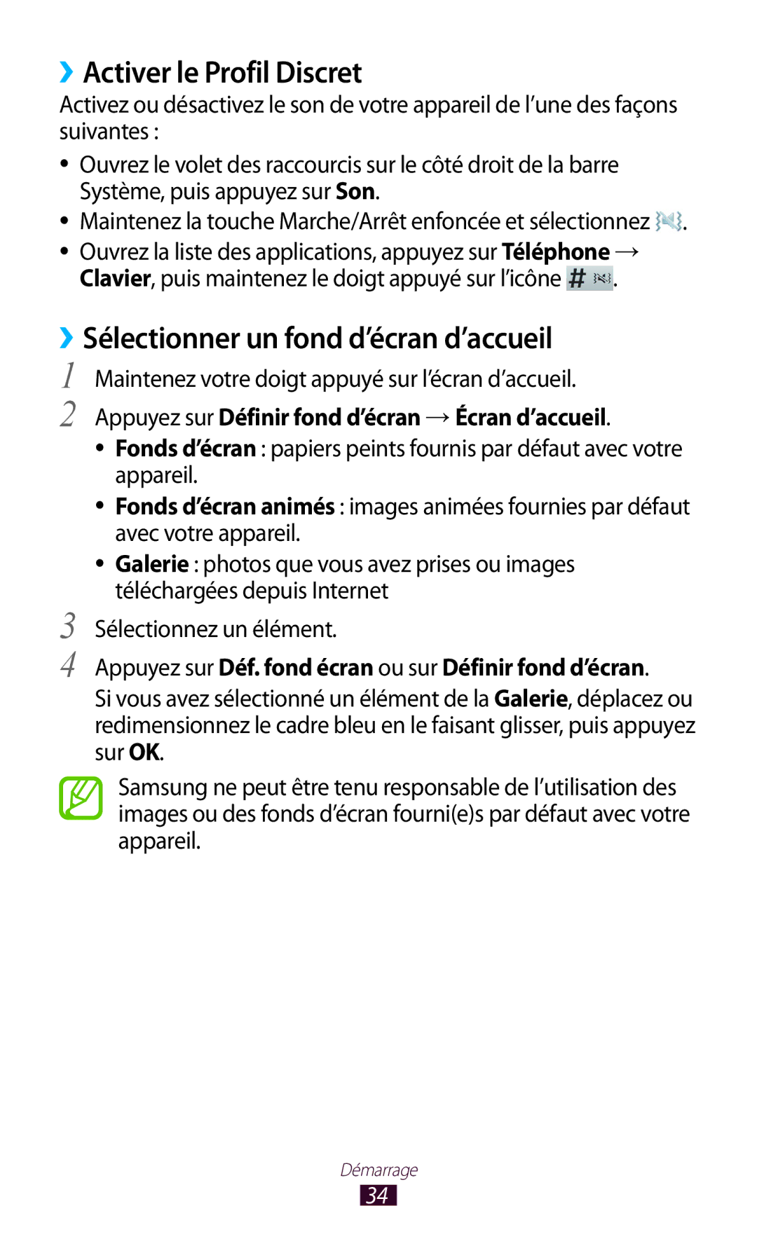 Samsung GT-N8020EAASFR, GT-N8020EAAXEF manual ››Activer le Profil Discret, ››Sélectionner un fond d’écran d’accueil 