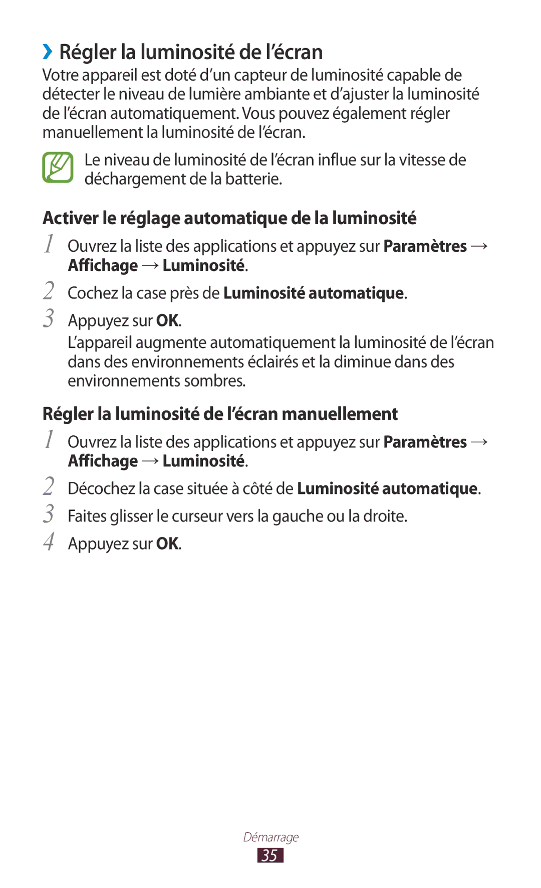 Samsung GT-N8020ZWAFTM, GT-N8020EAAXEF ››Régler la luminosité de l’écran, Activer le réglage automatique de la luminosité 