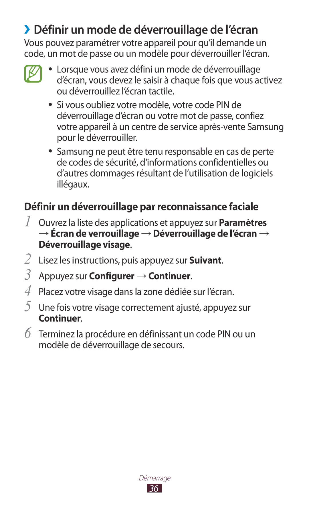 Samsung GT-N8020EAAXEF ››Définir un mode de déverrouillage de l’écran, Lisez les instructions, puis appuyez sur Suivant 