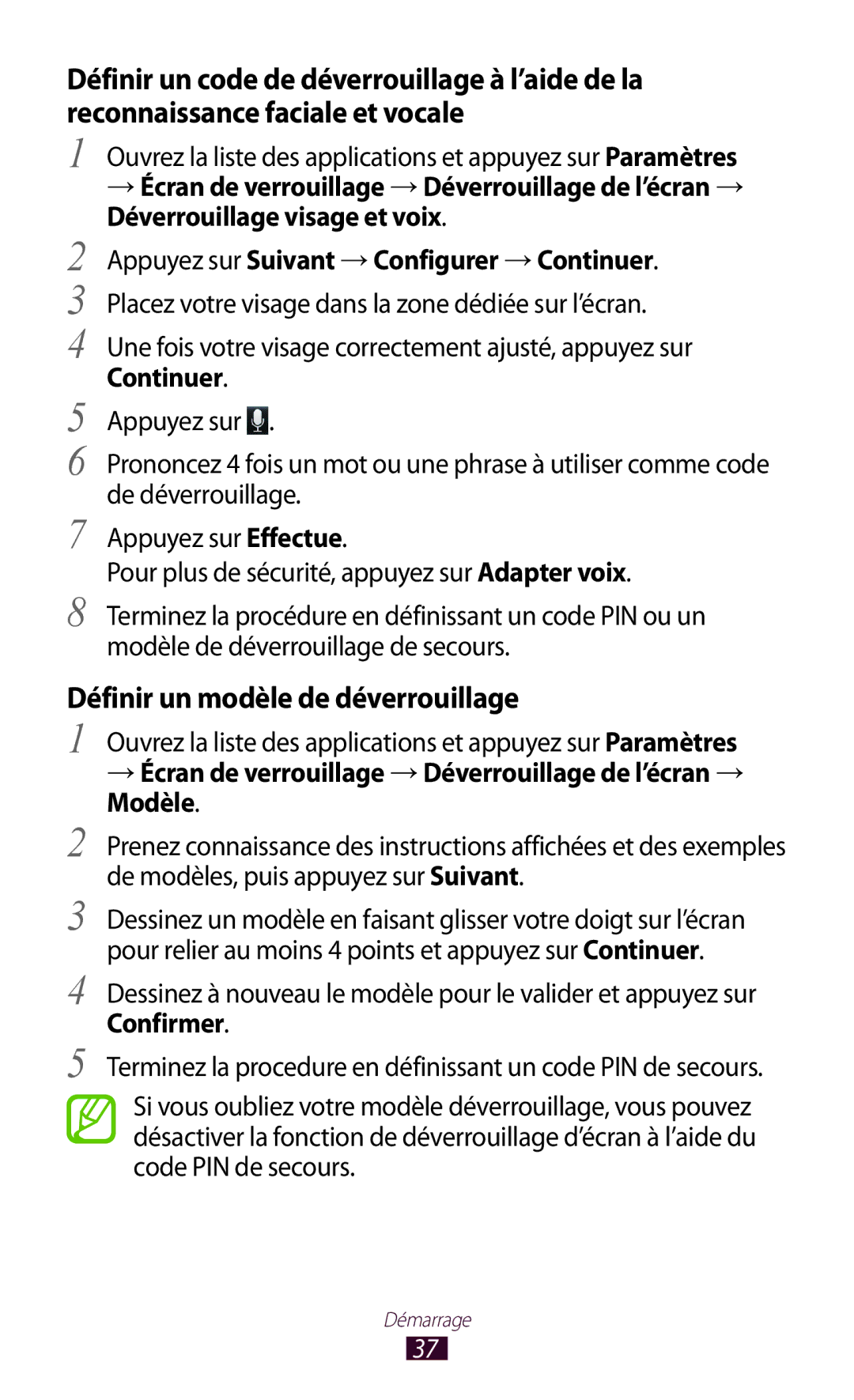 Samsung GT-N8020EAASFR, GT-N8020EAAXEF Définir un modèle de déverrouillage, Appuyez sur Suivant →Configurer →Continuer 