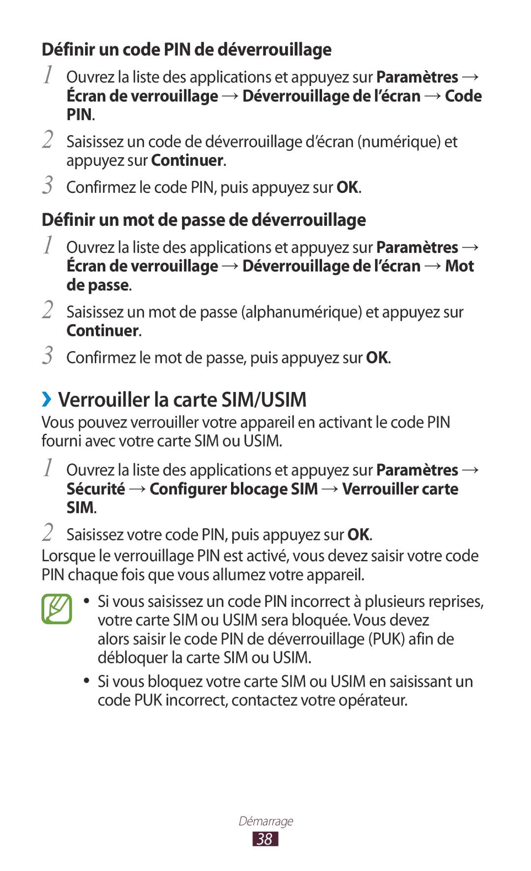 Samsung GT-N8020ZWAFTM, GT-N8020EAAXEF manual ››Verrouiller la carte SIM/USIM, Définir un code PIN de déverrouillage 