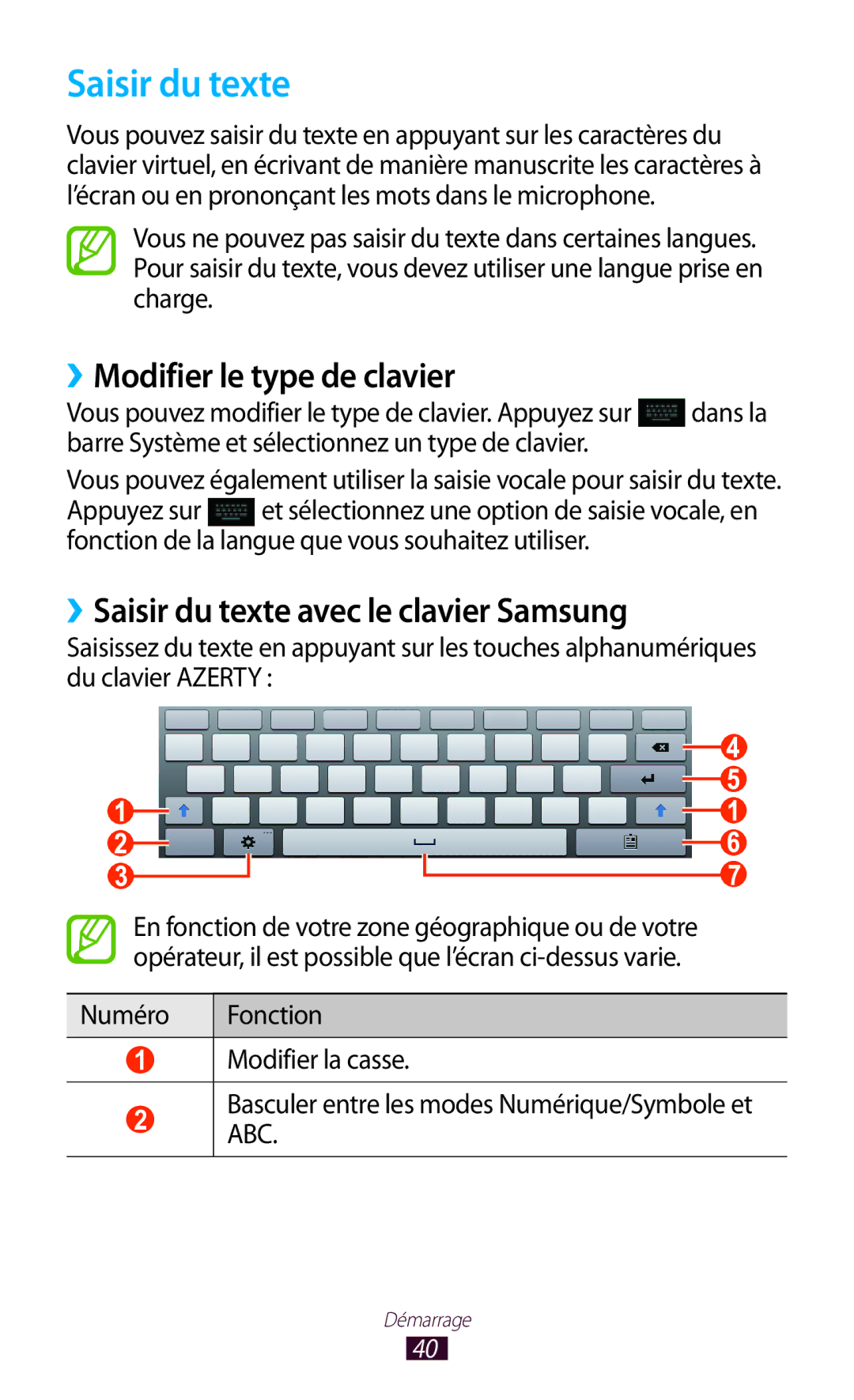 Samsung GT-N8020EAASFR, GT-N8020EAAXEF manual ››Modifier le type de clavier, ››Saisir du texte avec le clavier Samsung 