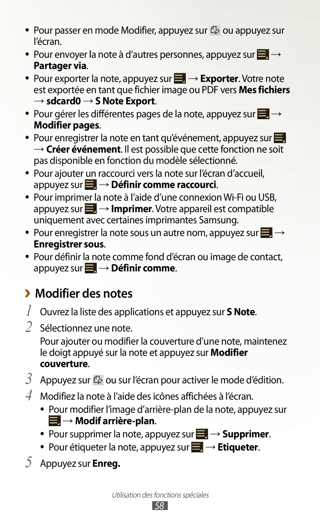 Samsung GT-N8020EAASFR manual ››Modifier des notes, Partager via, → sdcard0 →S Note Export, →Modif arrière-plan, →Etiqueter 