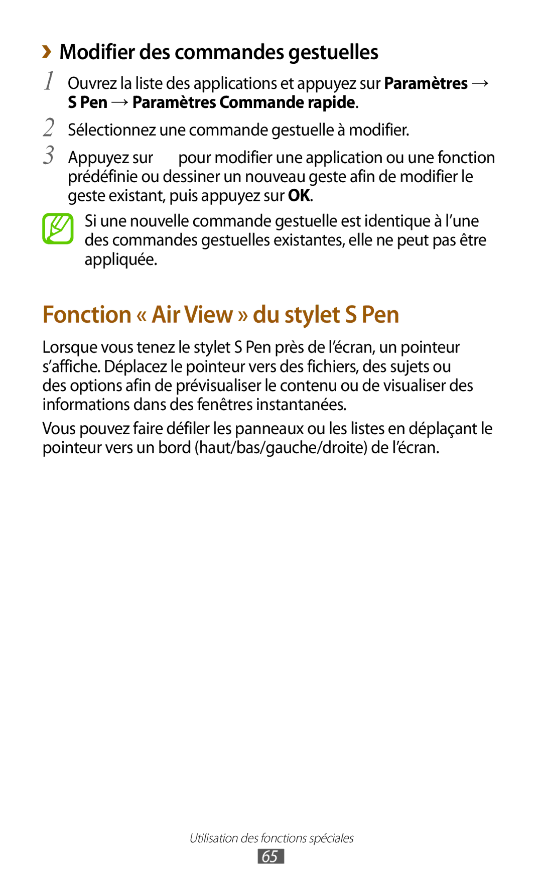 Samsung GT-N8020ZWAFTM, GT-N8020EAAXEF manual Fonction « Air View » du stylet S Pen, ››Modifier des commandes gestuelles 