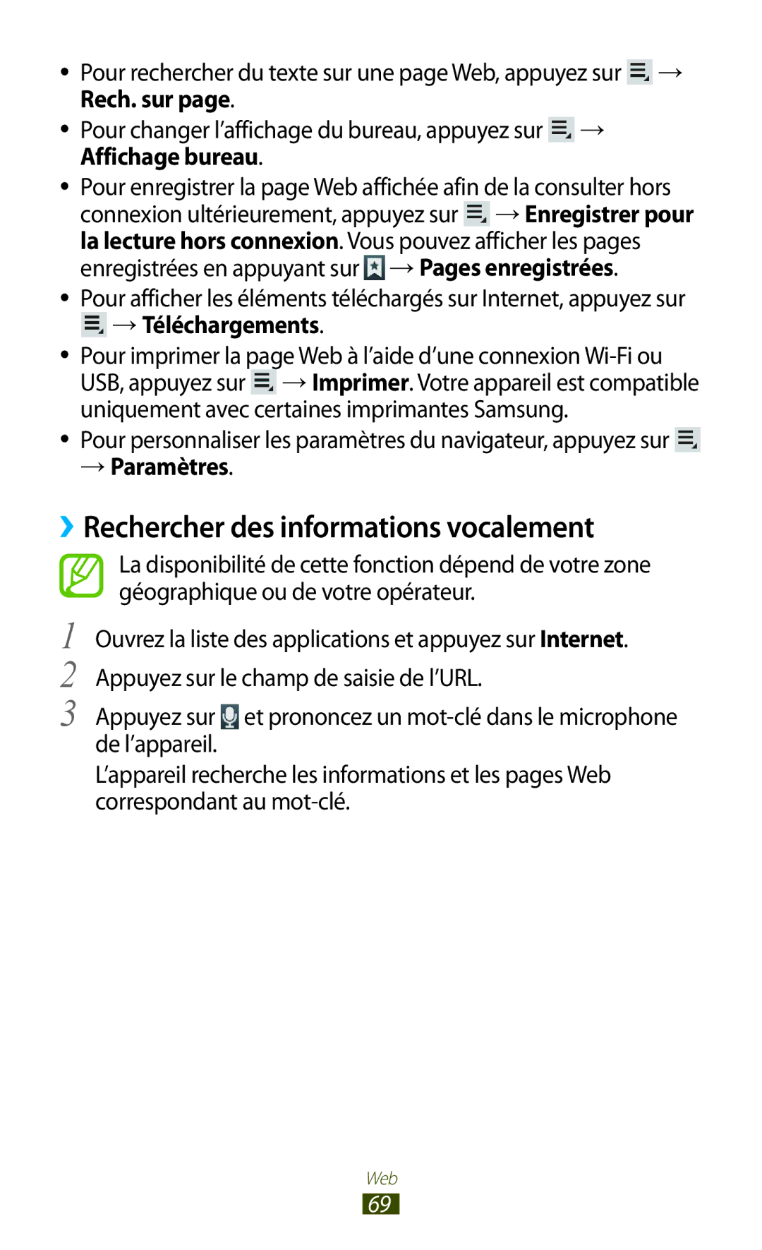 Samsung GT-N8020EAAXEF, GT-N8020EAASFR, GT-N8020ZWAFTM manual ››Rechercher des informations vocalement, → Paramètres 