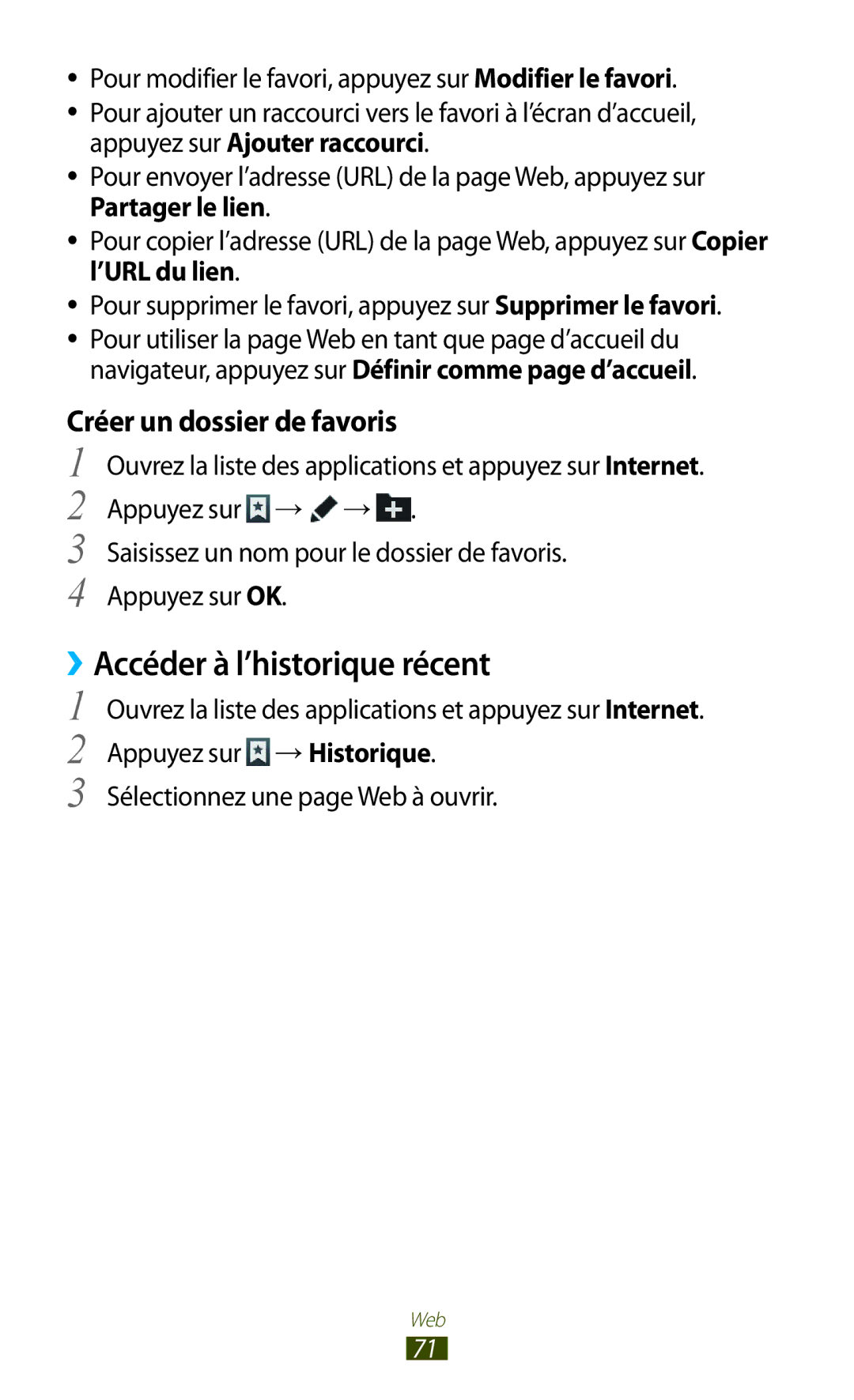 Samsung GT-N8020ZWAFTM, GT-N8020EAAXEF, GT-N8020EAASFR manual ››Accéder à l’historique récent, Créer un dossier de favoris 