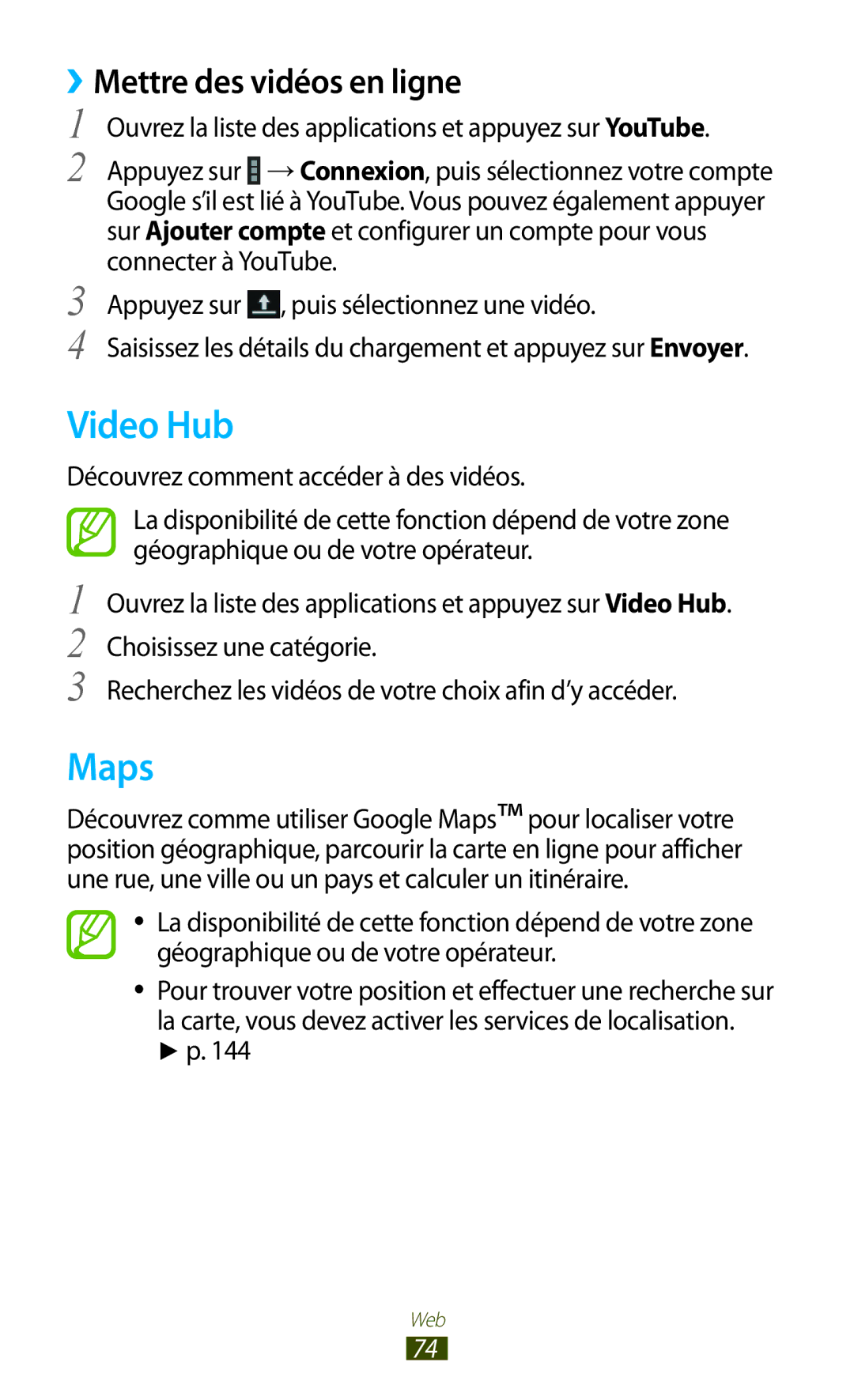 Samsung GT-N8020ZWAFTM, GT-N8020EAAXEF, GT-N8020EAASFR manual Video Hub, Maps, ››Mettre des vidéos en ligne 