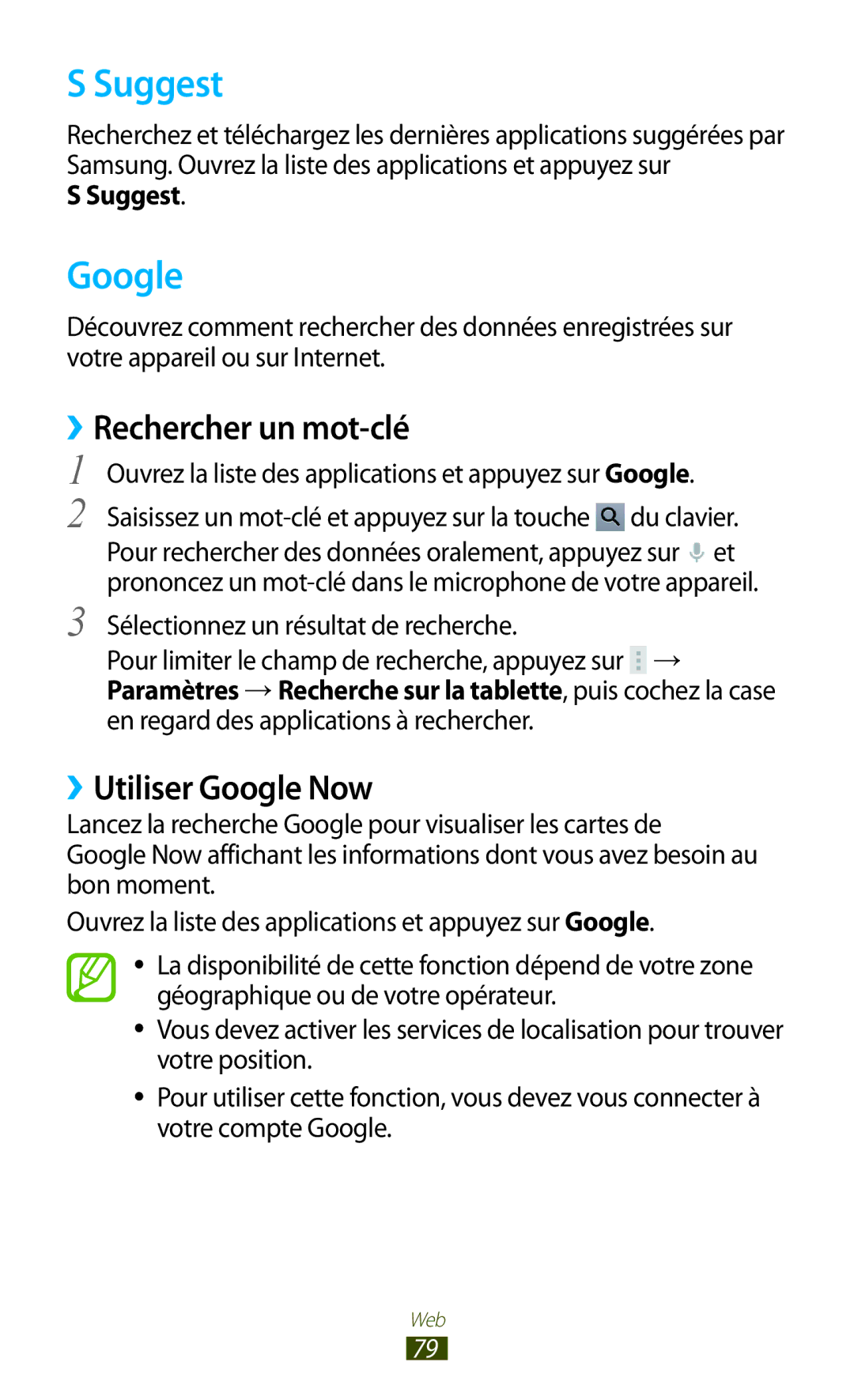 Samsung GT-N8020EAASFR, GT-N8020EAAXEF, GT-N8020ZWAFTM manual Suggest, ››Rechercher un mot-clé, ››Utiliser Google Now 