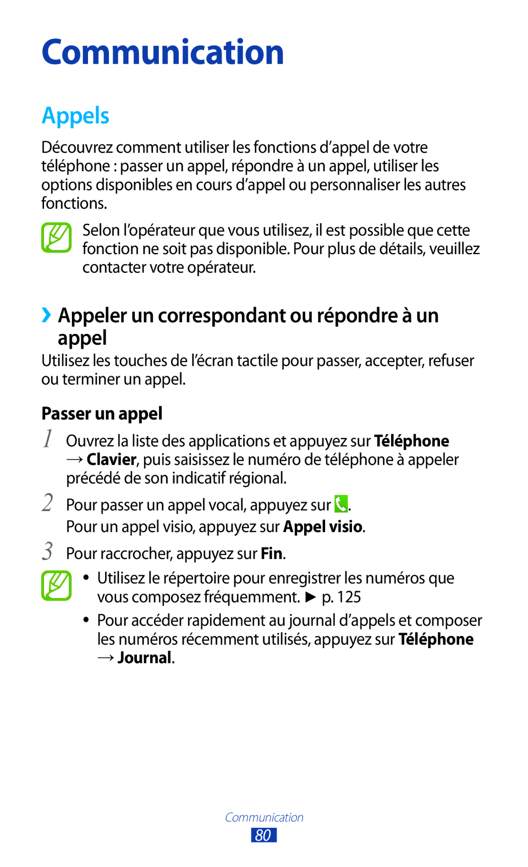 Samsung GT-N8020ZWAFTM manual Appels, ››Appeler un correspondant ou répondre à un appel, Passer un appel, → Journal 