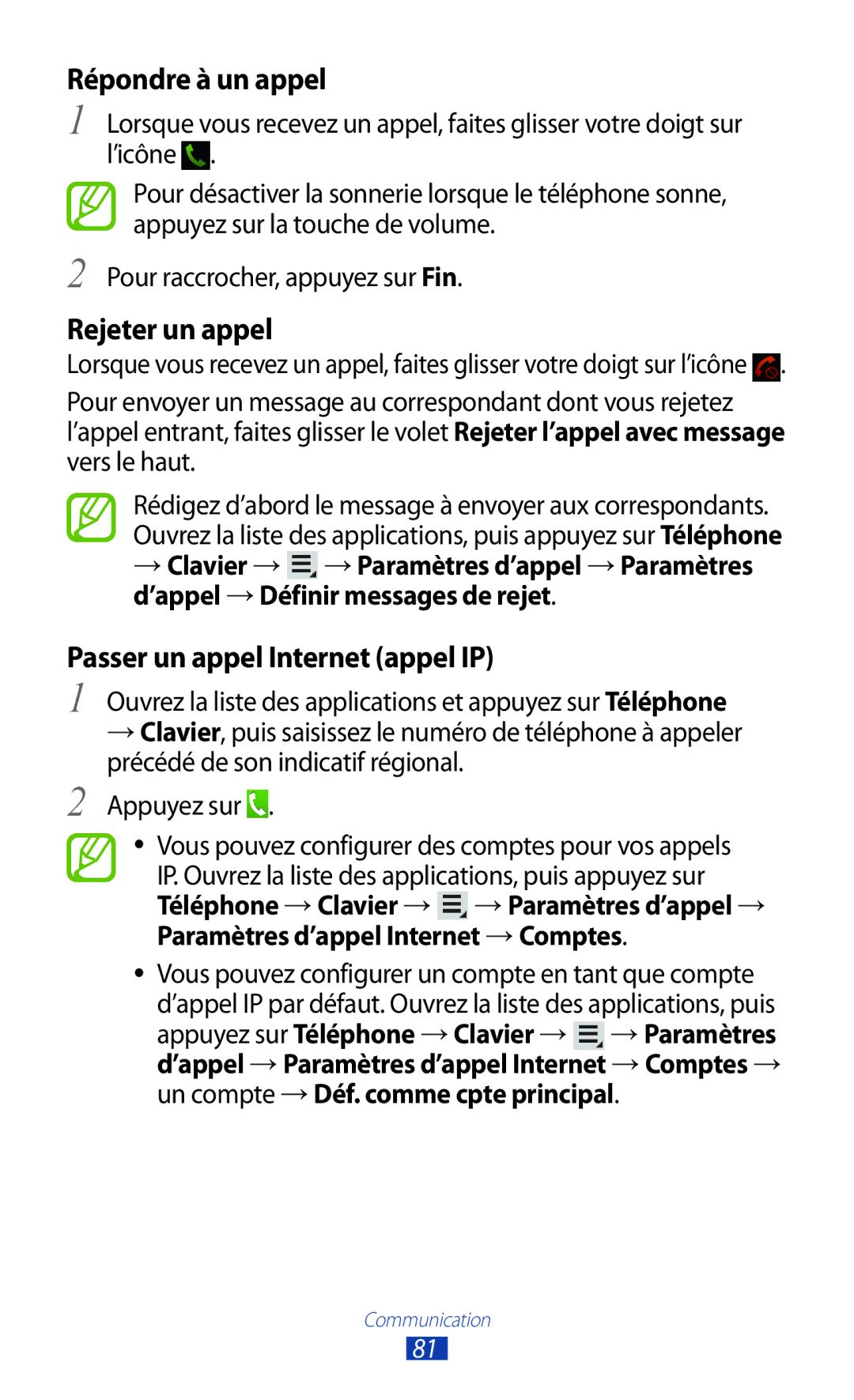 Samsung GT-N8020EAAXEF, GT-N8020EAASFR manual Répondre à un appel, Rejeter un appel, Passer un appel Internet appel IP 