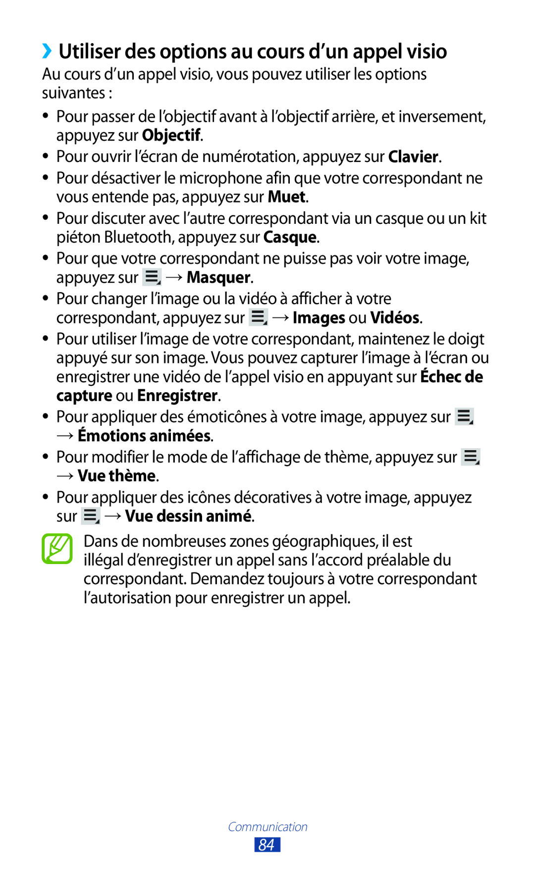 Samsung GT-N8020EAAXEF, GT-N8020EAASFR ››Utiliser des options au cours d’un appel visio, → Émotions animées, → Vue thème 