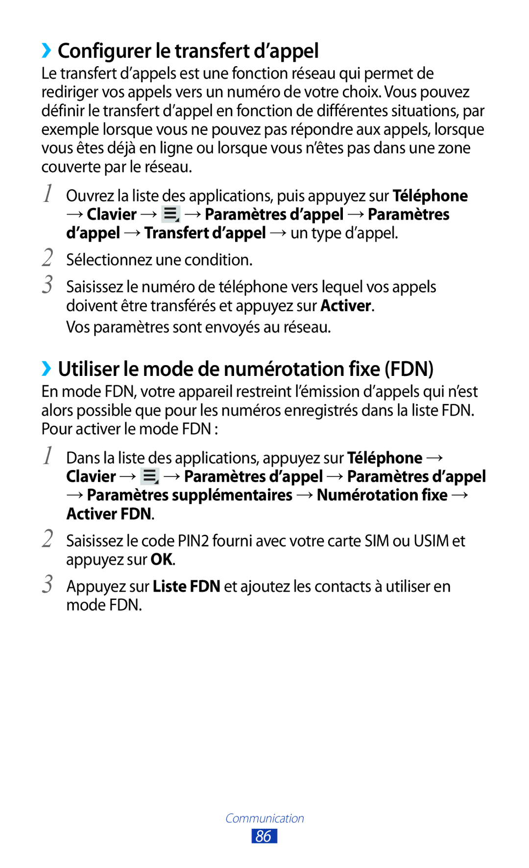 Samsung GT-N8020ZWAFTM, GT-N8020EAAXEF manual ››Configurer le transfert d’appel, ››Utiliser le mode de numérotation fixe FDN 