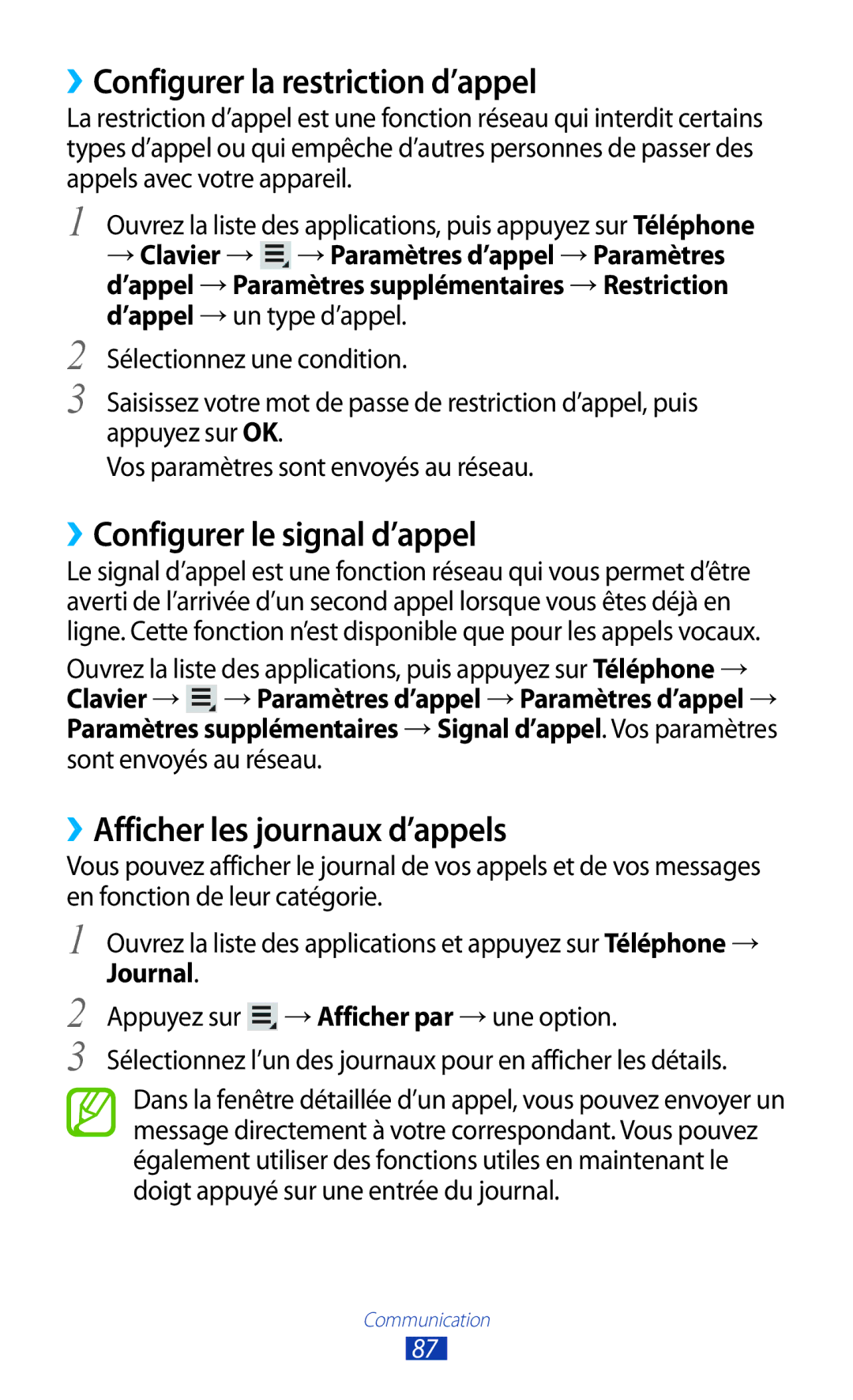 Samsung GT-N8020EAAXEF, GT-N8020EAASFR manual ››Configurer la restriction d’appel, ››Configurer le signal d’appel, Journal 