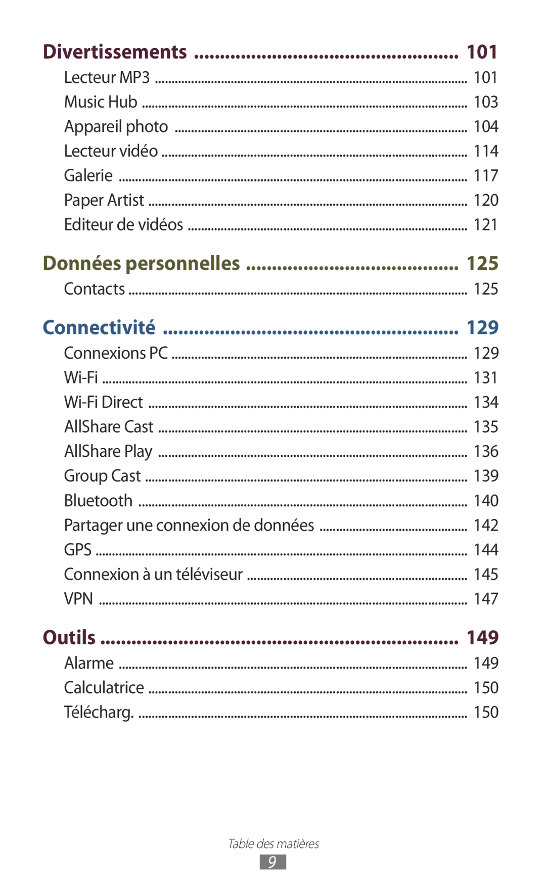 Samsung GT-N8020EAAXEF, GT-N8020EAASFR, GT-N8020ZWAFTM manual 101, 149, Divertissements, Outils 
