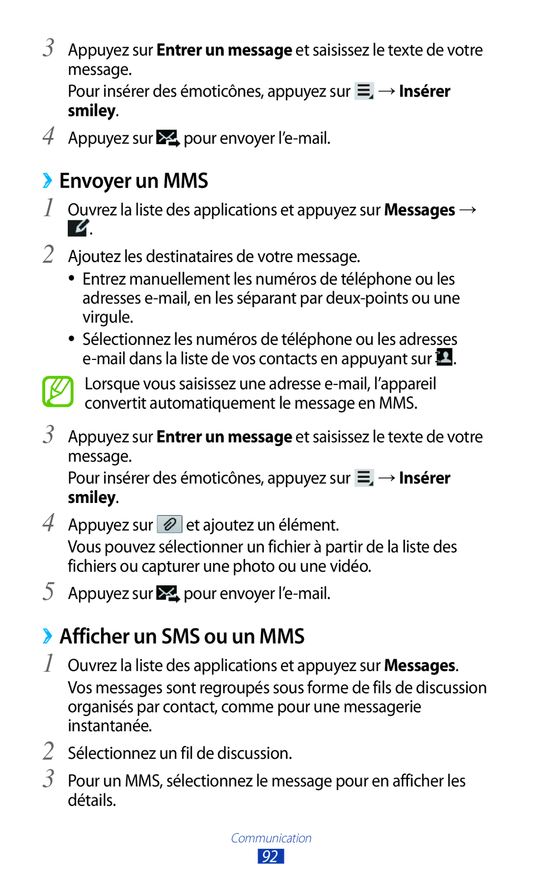 Samsung GT-N8020ZWAFTM manual ››Envoyer un MMS, ››Afficher un SMS ou un MMS, Smiley, Appuyez sur pour envoyer l’e-mail 