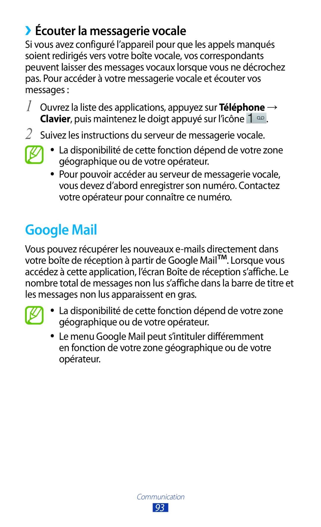 Samsung GT-N8020EAAXEF, GT-N8020EAASFR, GT-N8020ZWAFTM manual Google Mail, ››Écouter la messagerie vocale 