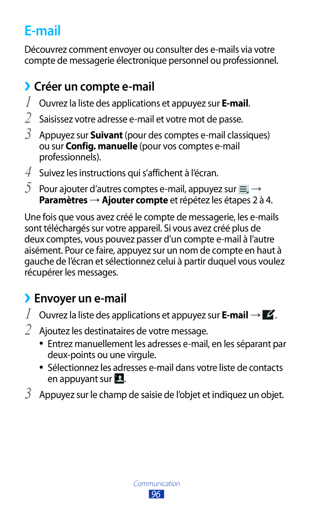 Samsung GT-N8020EAAXEF, GT-N8020EAASFR, GT-N8020ZWAFTM manual Mail, ››Créer un compte e-mail 