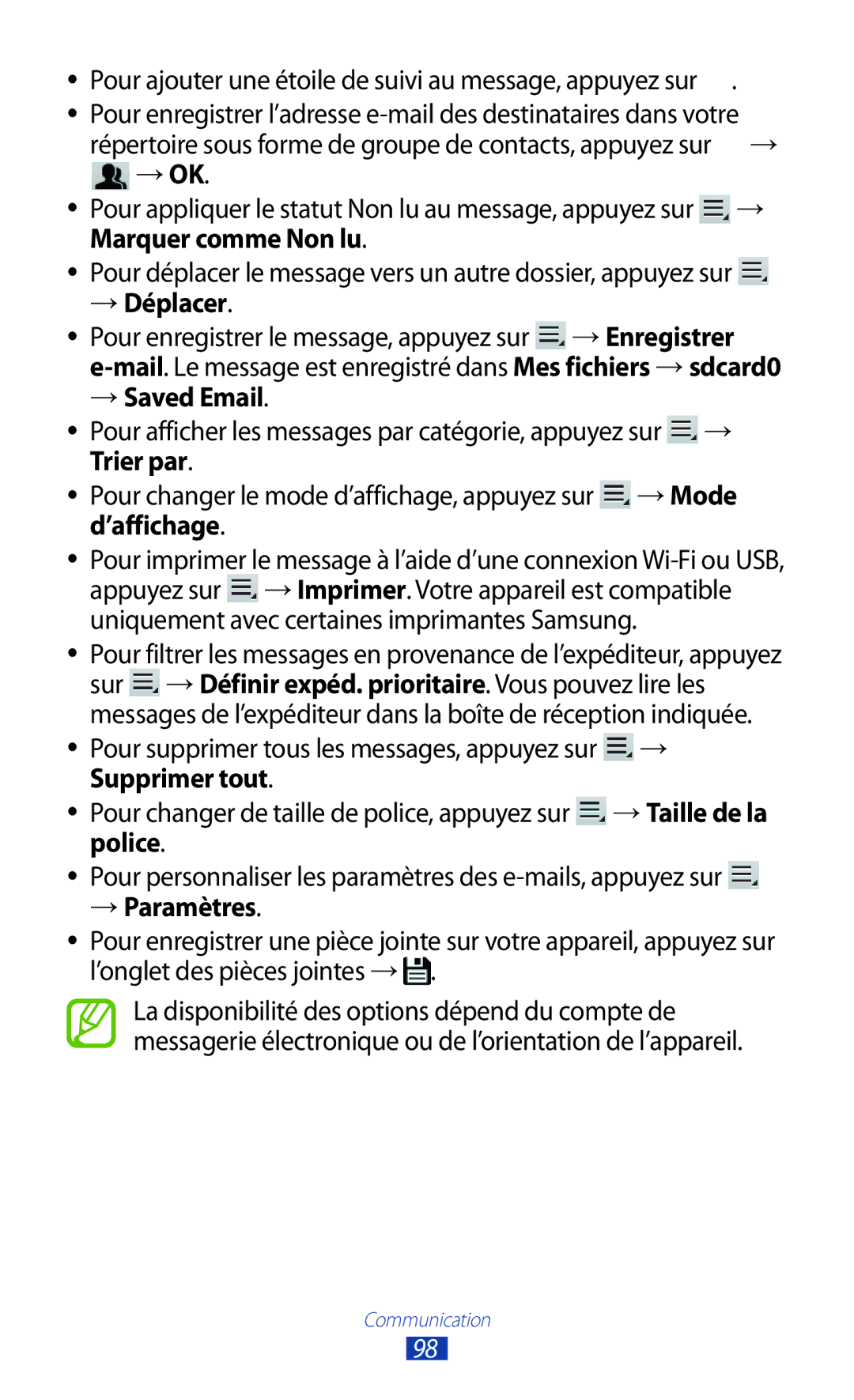 Samsung GT-N8020ZWAFTM Pour ajouter une étoile de suivi au message, appuyez sur, → Déplacer, → Saved Email, Supprimer tout 