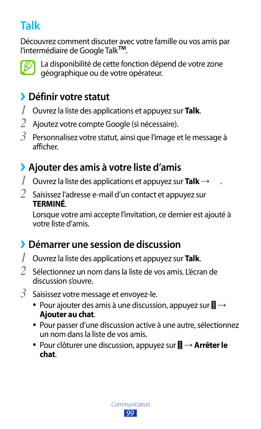 Samsung GT-N8020EAAXEF, GT-N8020EAASFR manual Talk, ››Définir votre statut, ››Ajouter des amis à votre liste d’amis 